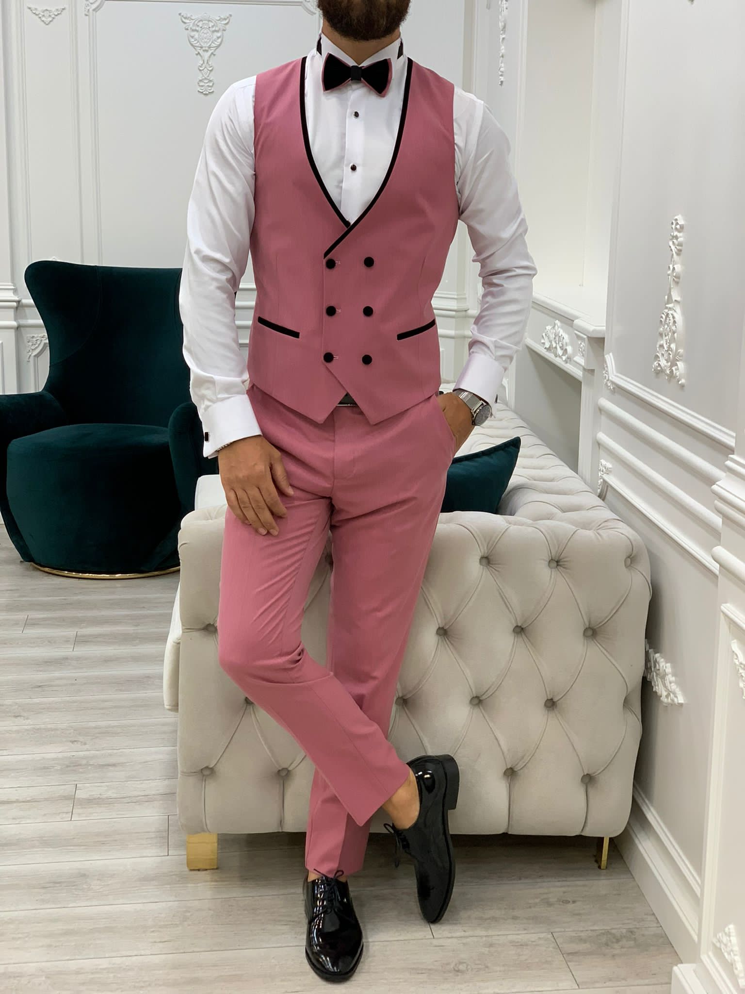 Fettachi Pink Slim Fit Velvet Peak Lapel Tuxedo-baagr.myshopify.com-1-BOJONI
