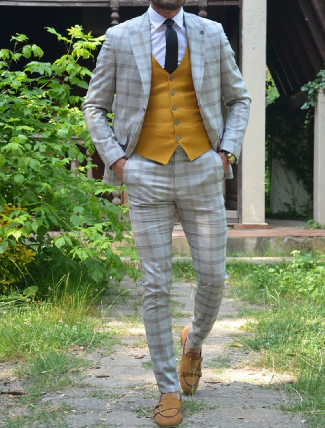 New Bern Camel Slim Fit Plaid Suit-baagr.myshopify.com-suit-BOJONI