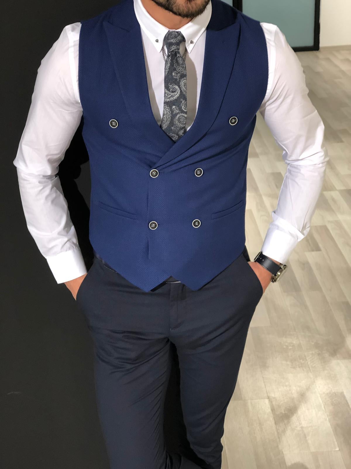 Slim-Fit Double  Breasted Vest Blue-baagr.myshopify.com-suit-BOJONI