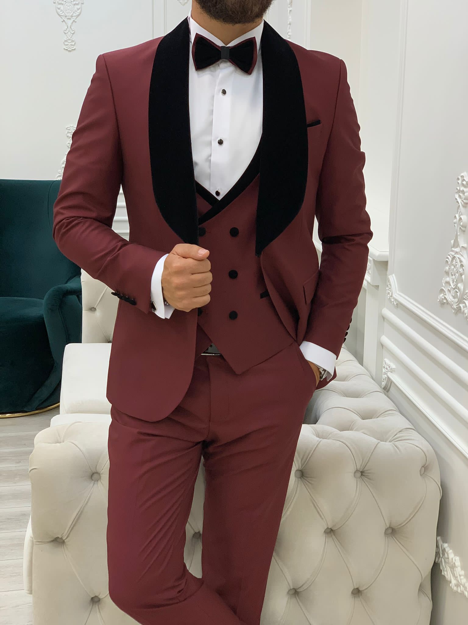 Fettachi Burgundy Slim Fit  Velvet Shawl Lapel Tuxedo-baagr.myshopify.com-1-BOJONI