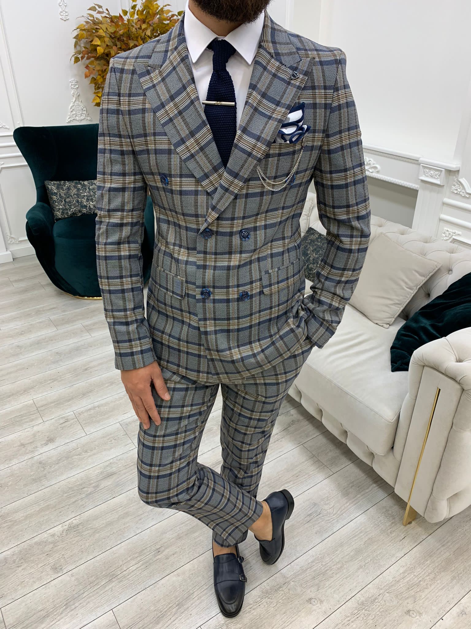 Vince Navy Blue Slim Fit Double Breasted Plaid Suit-baagr.myshopify.com-1-BOJONI