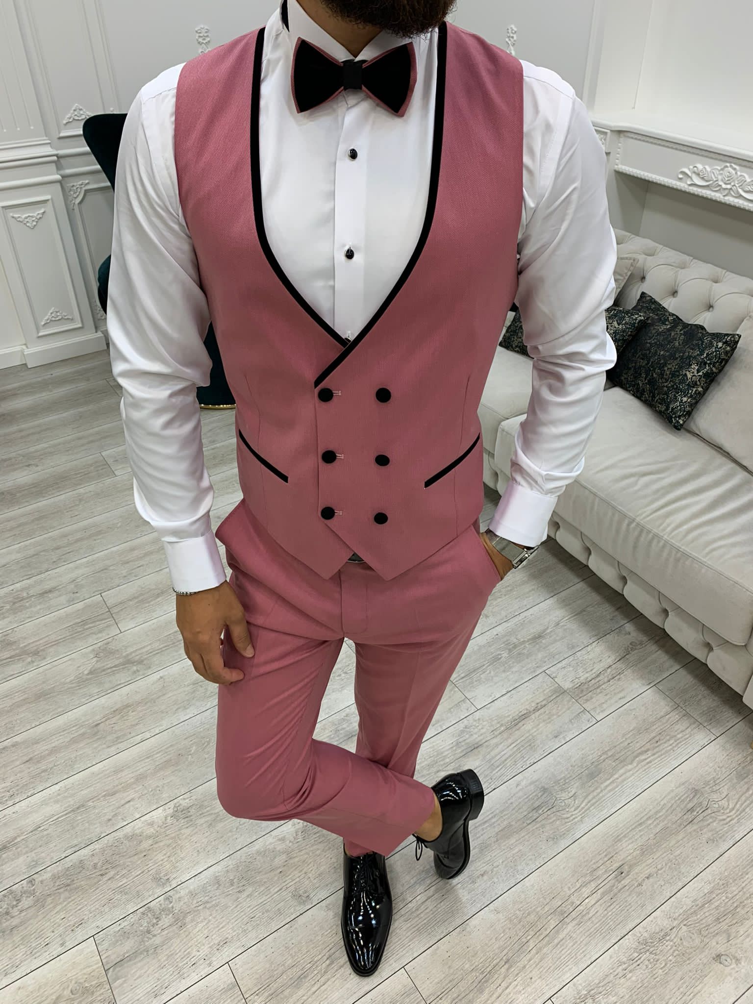 Fettachi Pink Slim Fit Velvet Peak Lapel Tuxedo-baagr.myshopify.com-1-BOJONI