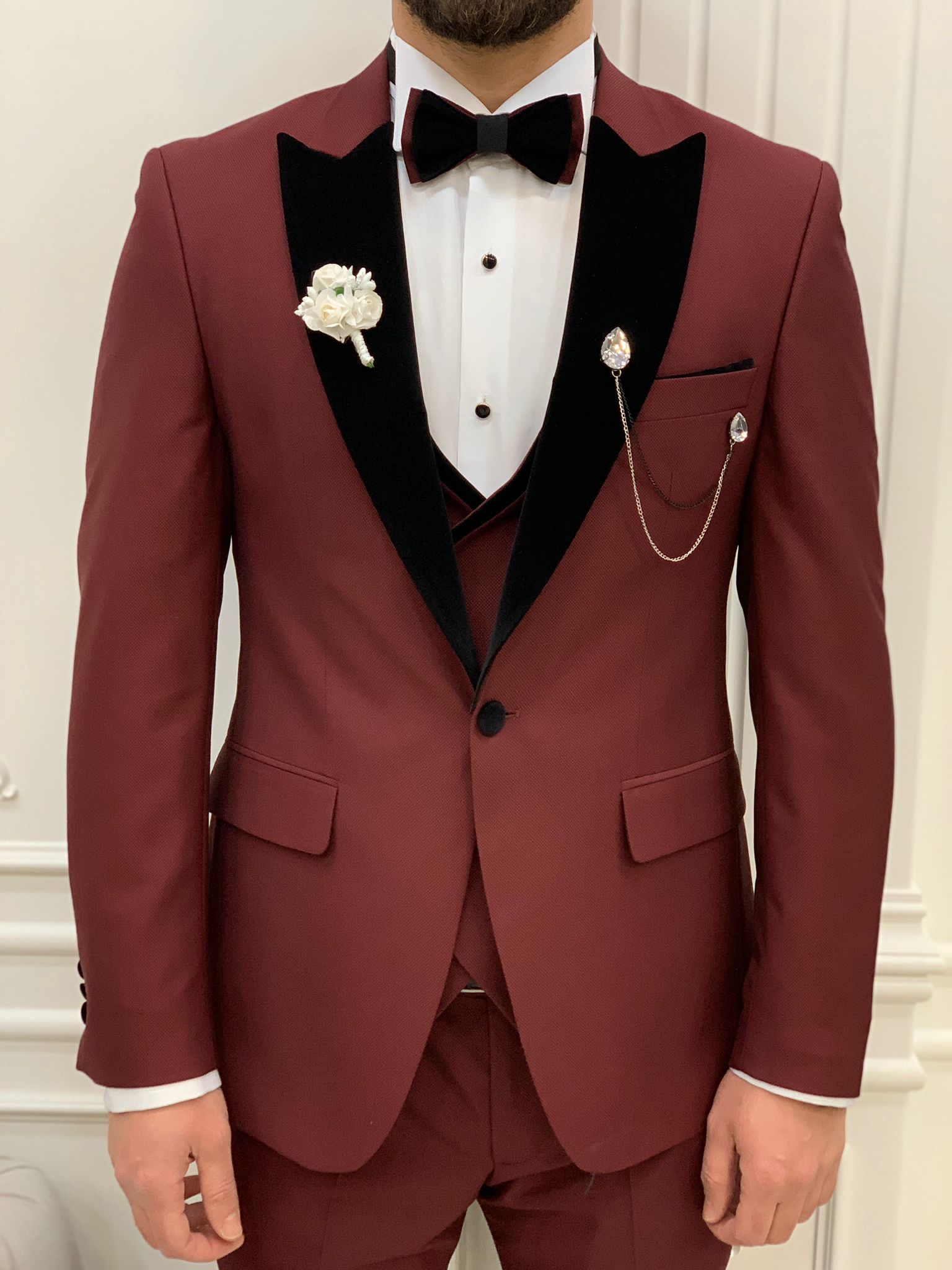 Bojoni Tishko Burgundy Velvet  Slim Fit Tuxedo