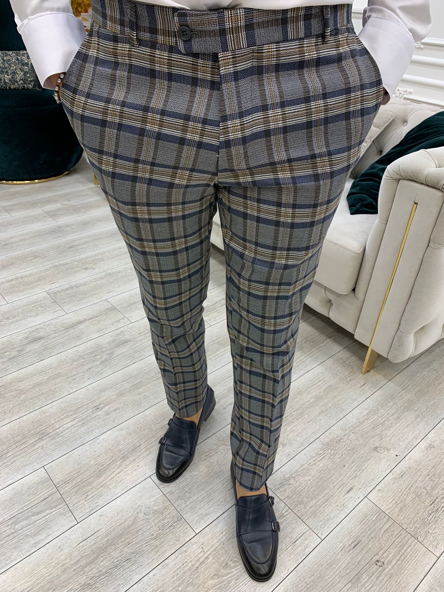 Vince Navy Blue Slim Fit Double Breasted Plaid Suit-baagr.myshopify.com-1-BOJONI