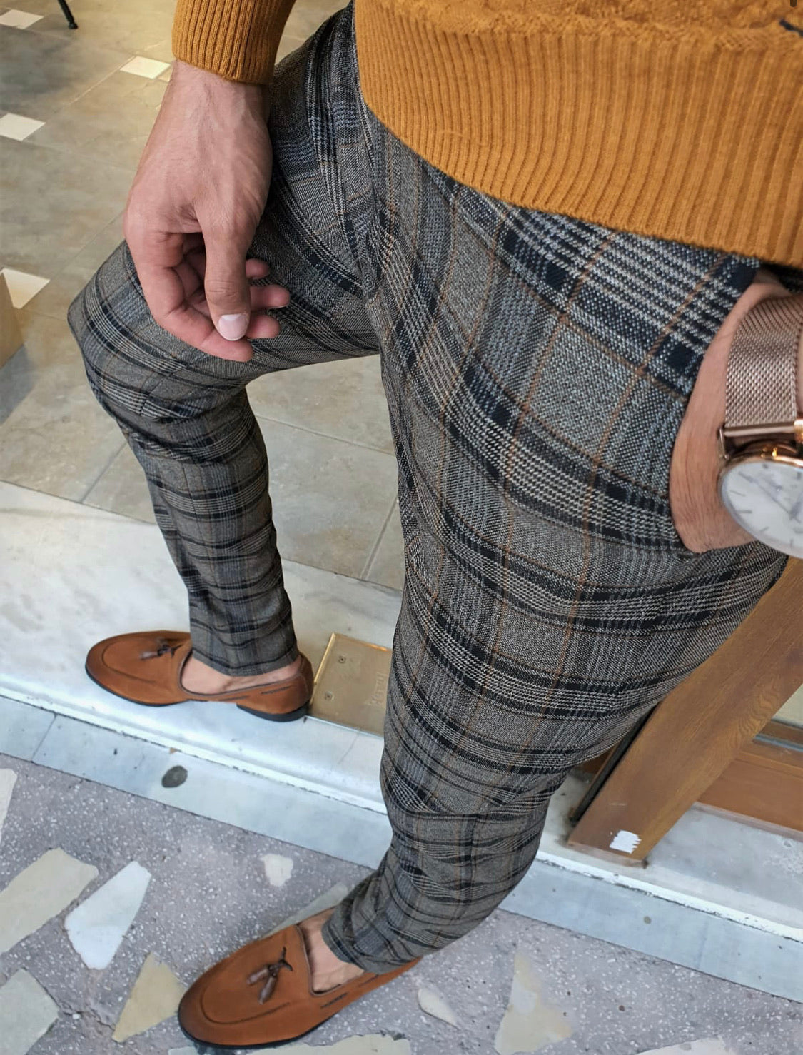 Garuzo Camel Slim Fit Plaid Pants-baagr.myshopify.com-Pants-BOJONI