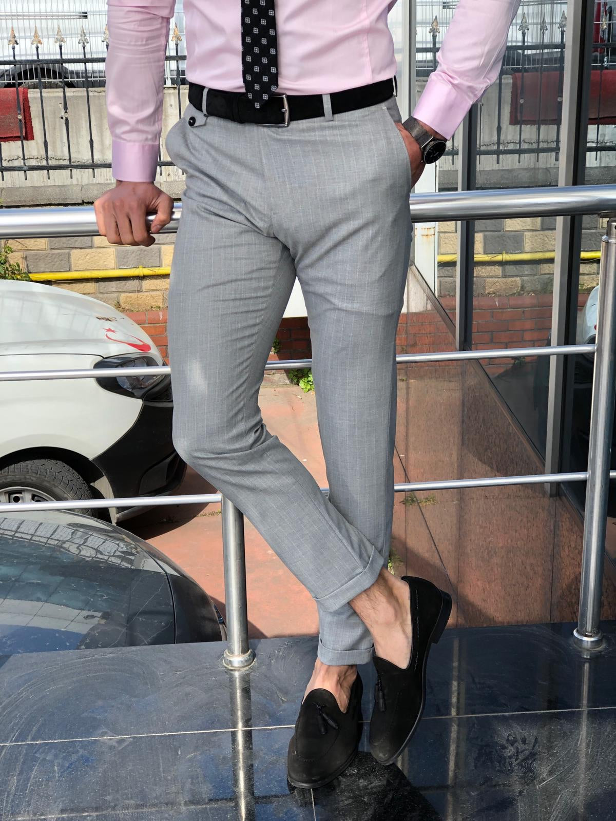 Sebast Slim Fit Stripe Pants in Gray-baagr.myshopify.com-Pants-BOJONI