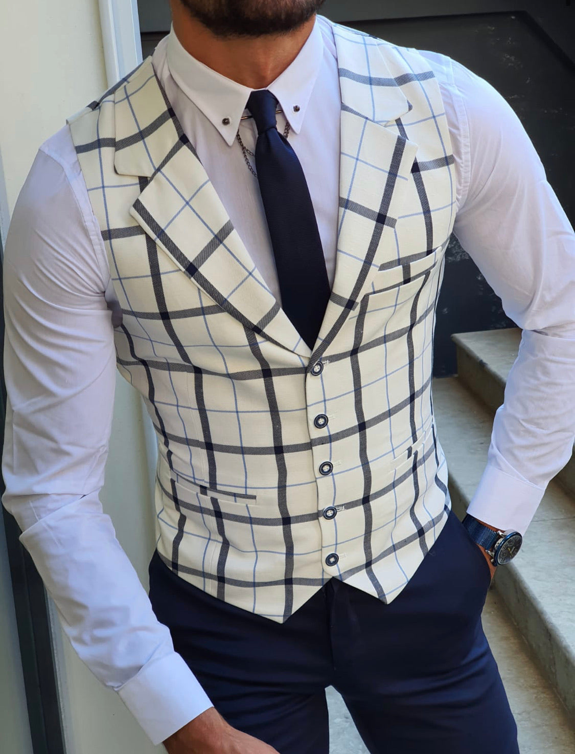 Malacan White Slim Fit Plaid Vest-baagr.myshopify.com-suit-BOJONI
