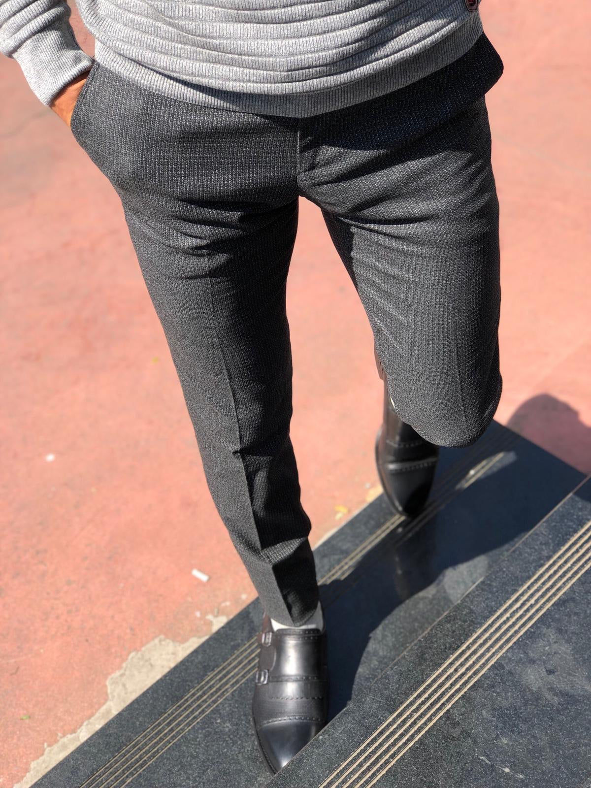 Slim-Fit Patterned Fabric Pants Black-baagr.myshopify.com-Pants-BOJONI