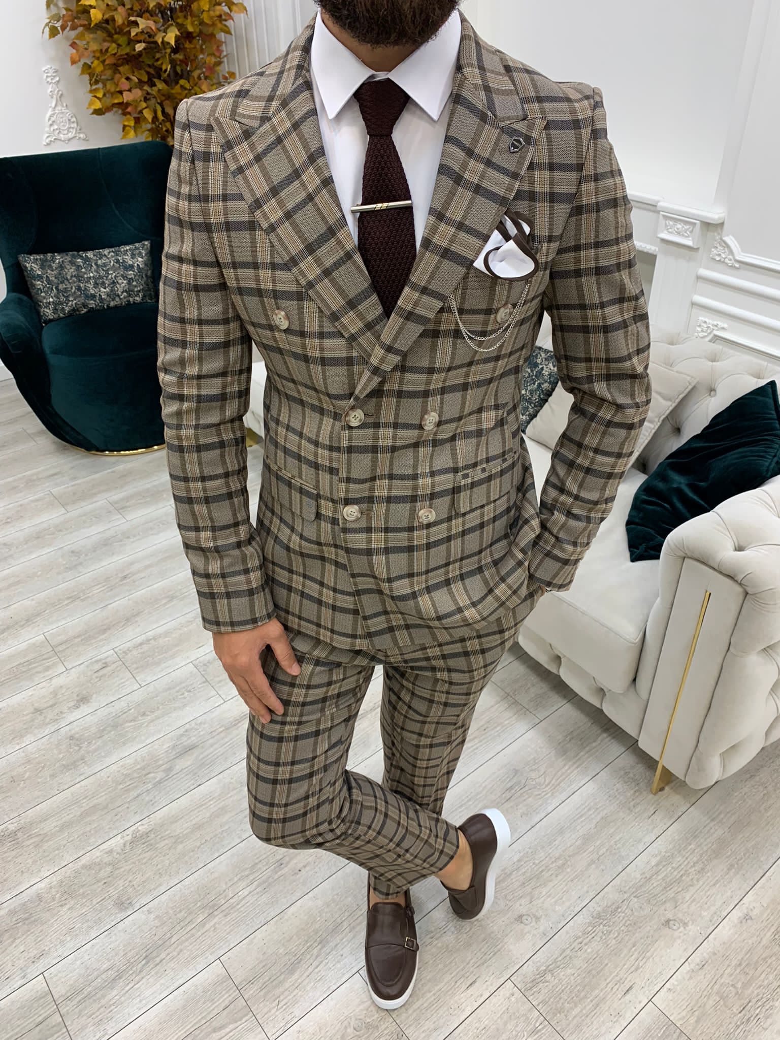 Vince Brown Slim Fit Double Breasted Plaid Suit-baagr.myshopify.com-1-BOJONI