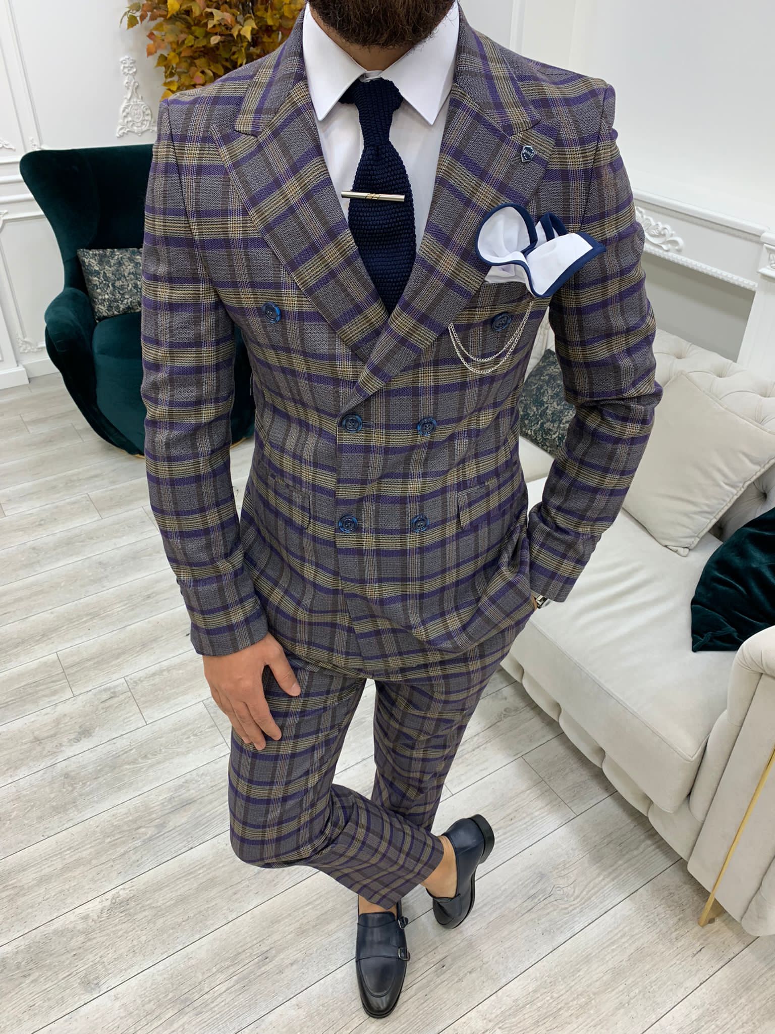 Vince Purple Slim Fit Double Breasted Plaid Suit-baagr.myshopify.com-1-BOJONI