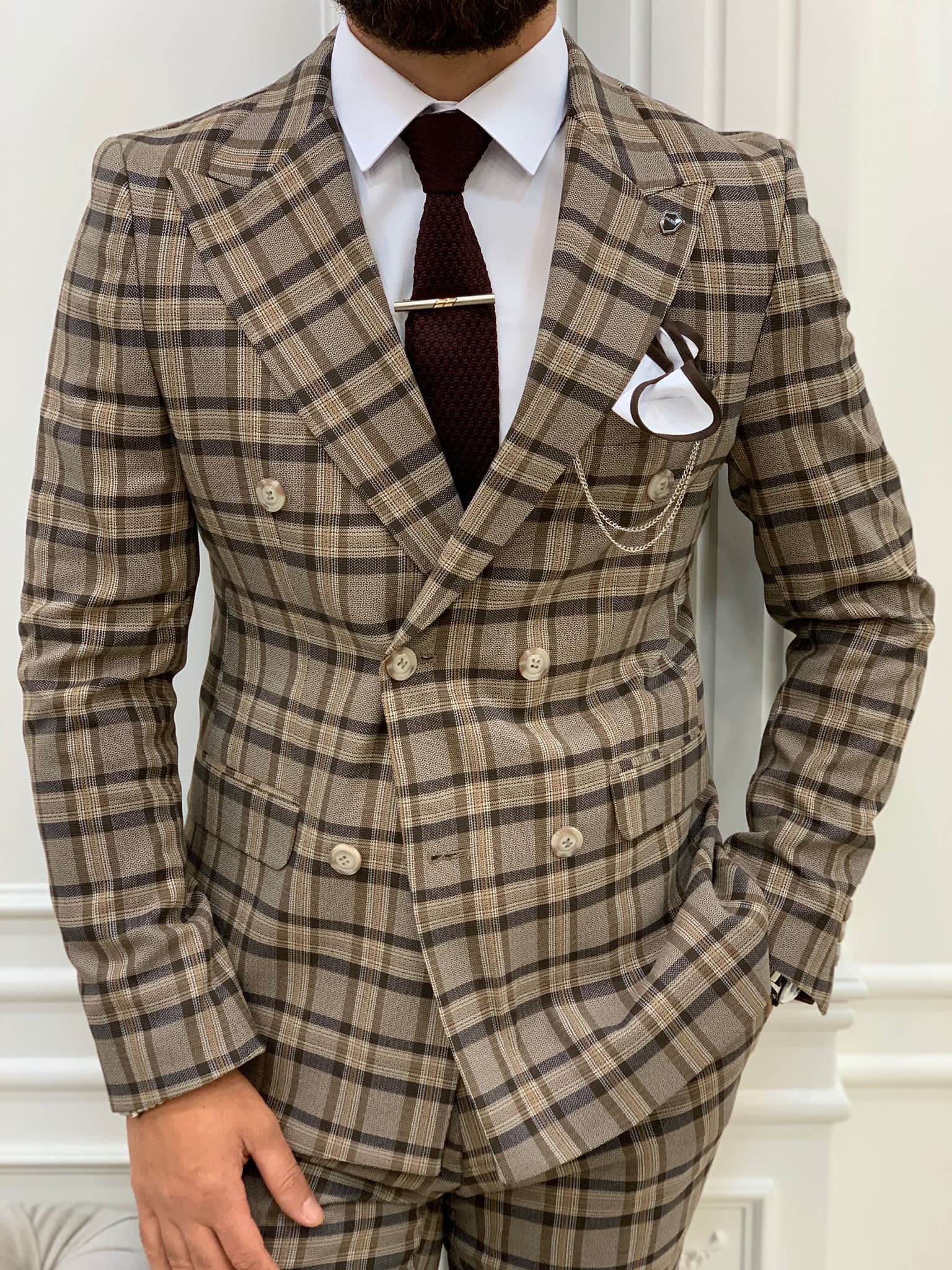 Vince Brown Slim Fit Double Breasted Plaid Suit-baagr.myshopify.com-1-BOJONI