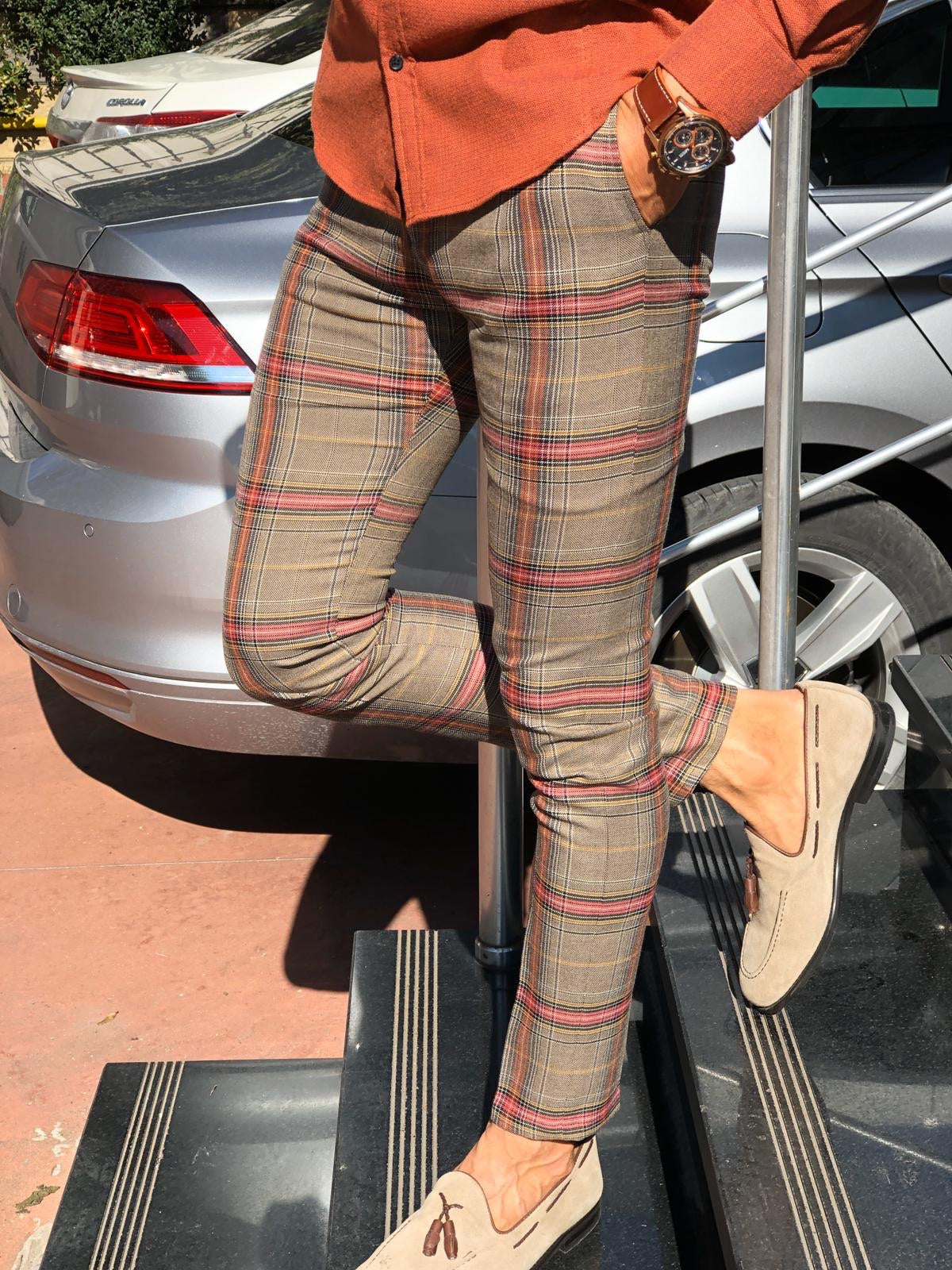 Petic Slim-Fit Plaid Pants Beige-baagr.myshopify.com-Pants-BOJONI
