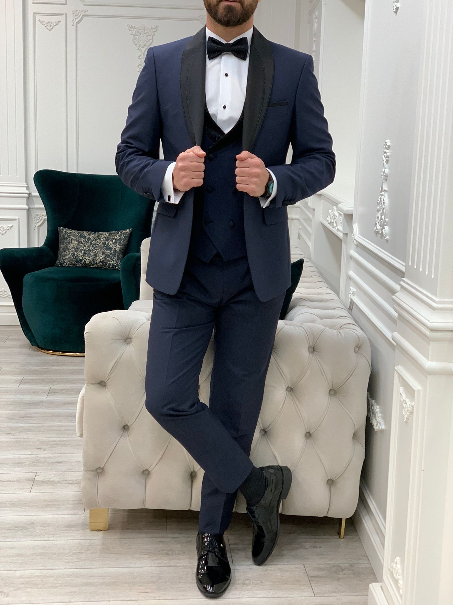 Bojoni Tishko Navy Diamond Shawl Collar Slim Fit Tuxedo