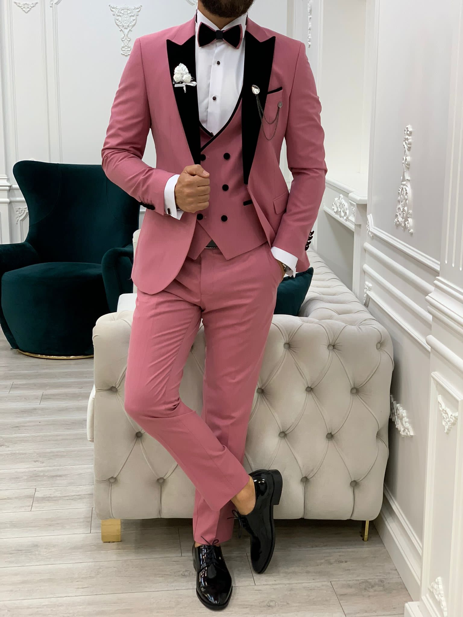 Fettachi Pink Slim Fit Velvet Peak Lapel Tuxedo-baagr.myshopify.com-1-BOJONI