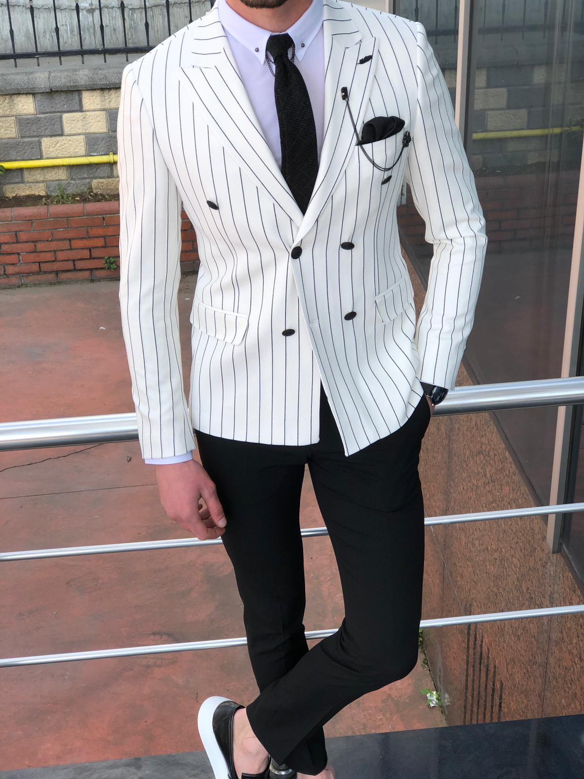 Stenos Slim-Fit Double Breasted Blazer in White-baagr.myshopify.com-suit-BOJONI