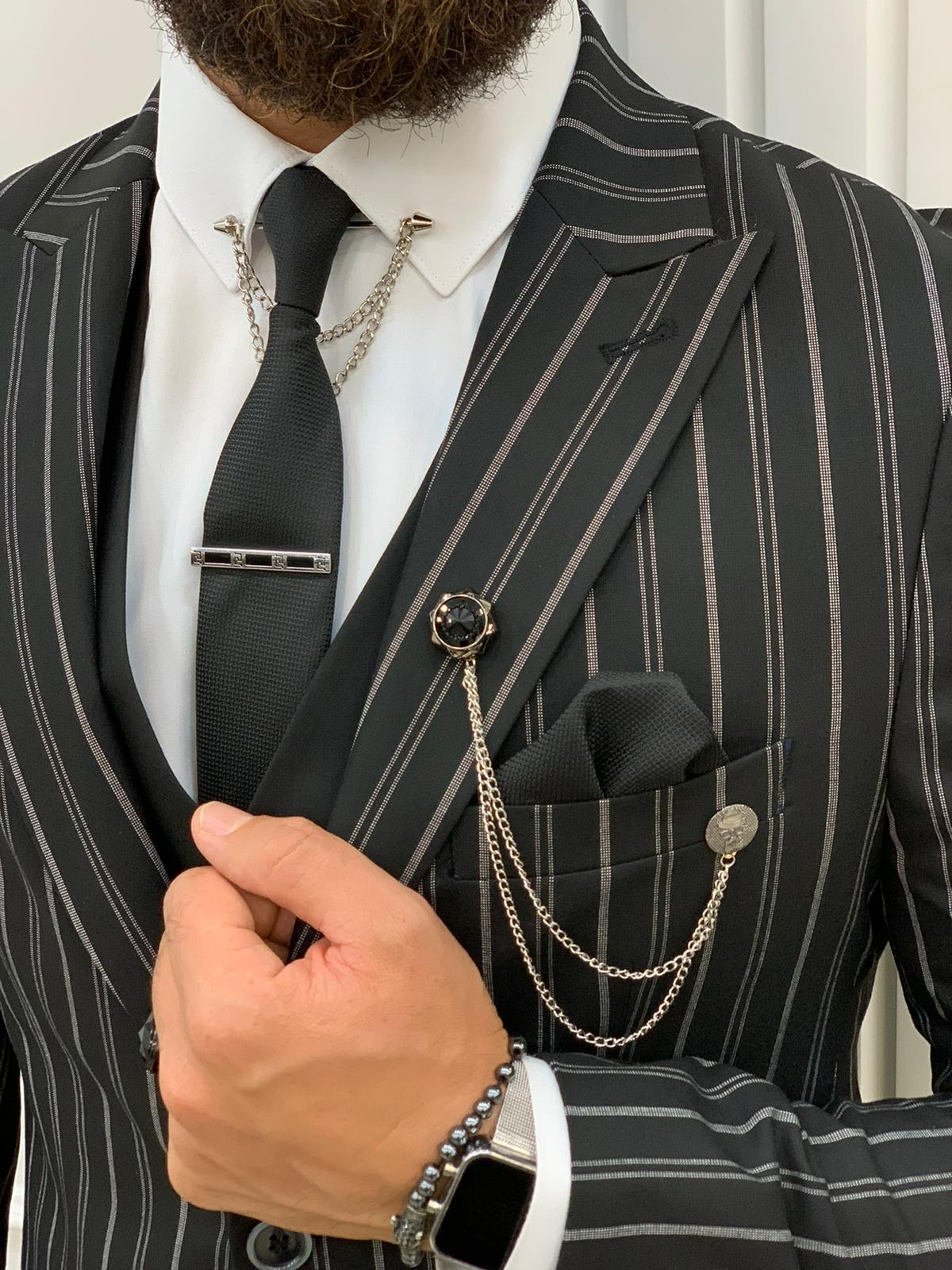 Lambrusco Black  Slim Fit Peak Lapel Striped Suit-baagr.myshopify.com-1-BOJONI