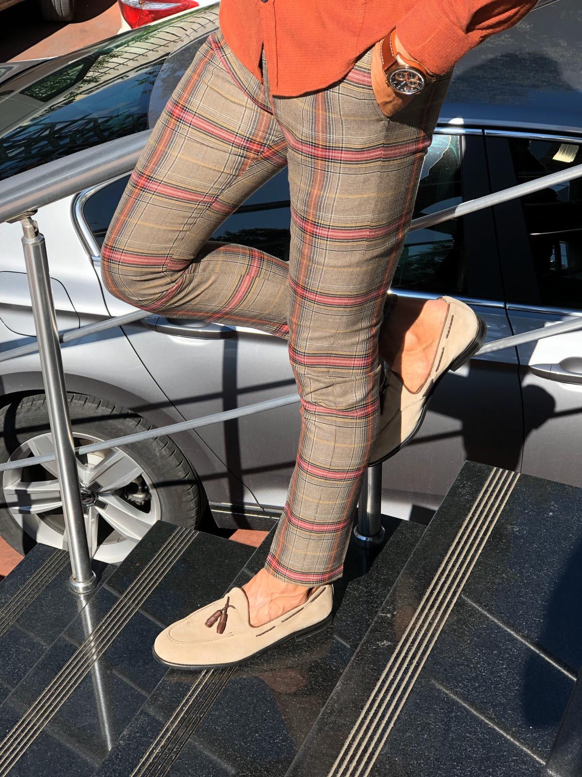 Petic Slim-Fit Plaid Pants Beige-baagr.myshopify.com-Pants-BOJONI