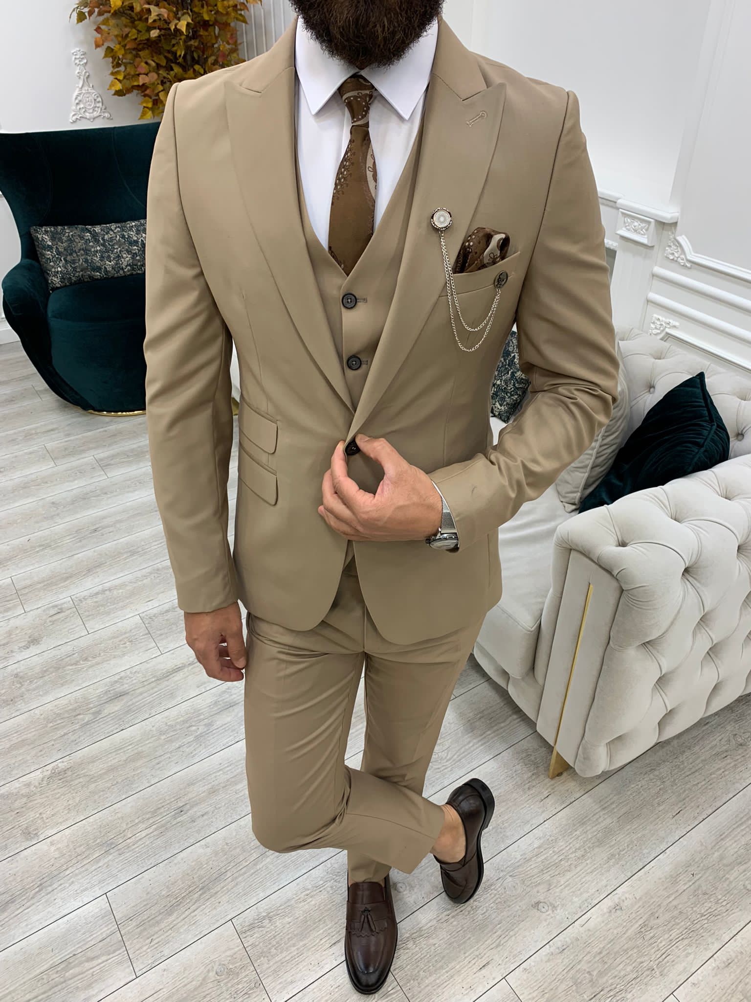 Vince Cream Slim Fit Peak Lapel Suit-baagr.myshopify.com-1-BOJONI
