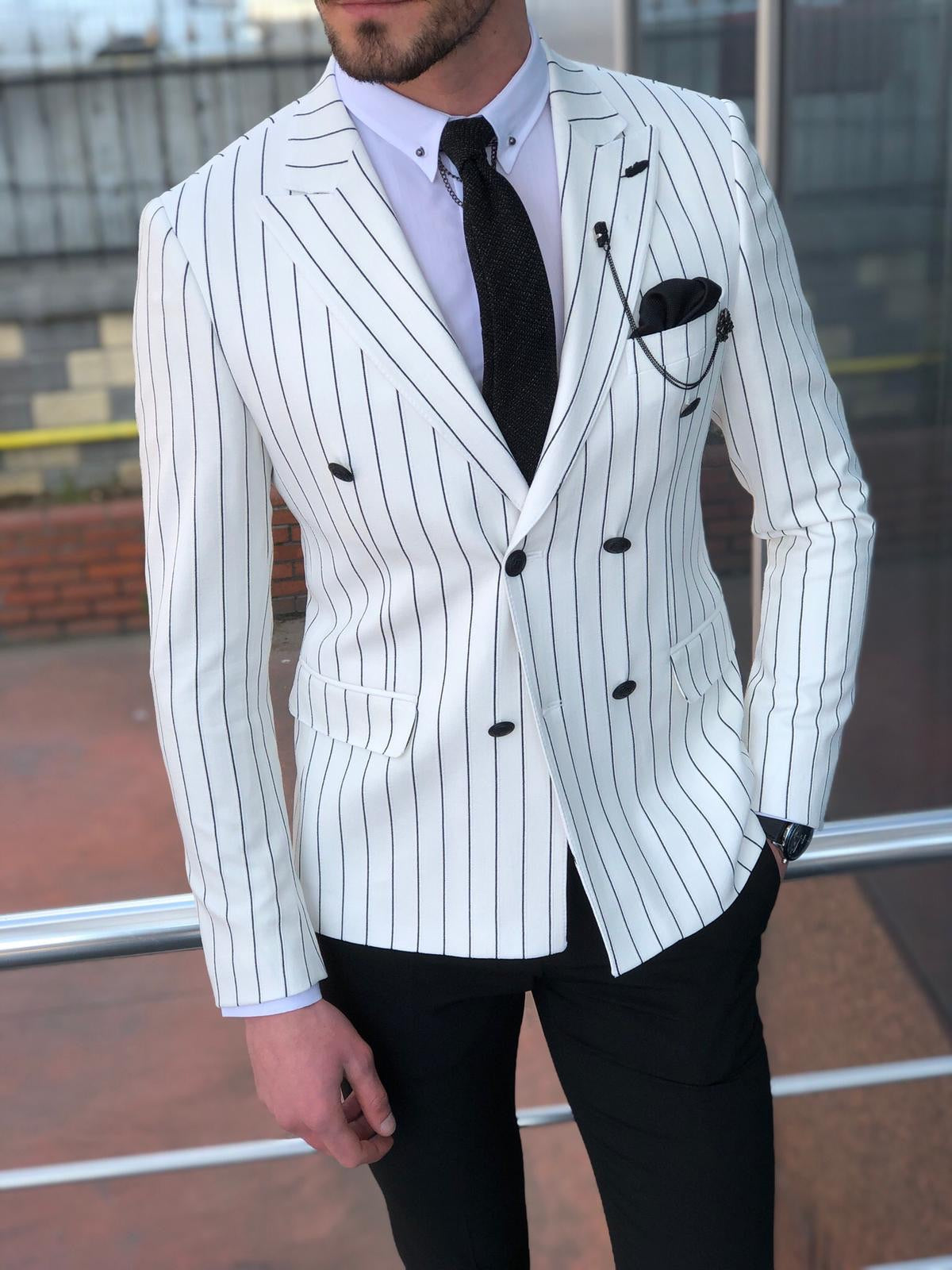 Stenos Slim-Fit Double Breasted Blazer in White-baagr.myshopify.com-suit-BOJONI