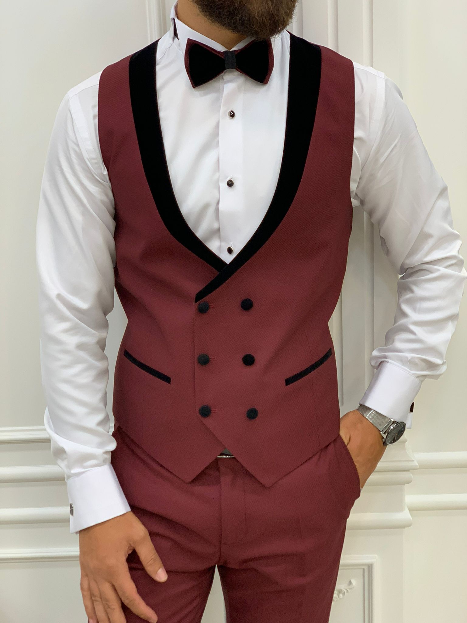 Fettachi Burgundy Slim Fit  Velvet Shawl Lapel Tuxedo-baagr.myshopify.com-1-BOJONI