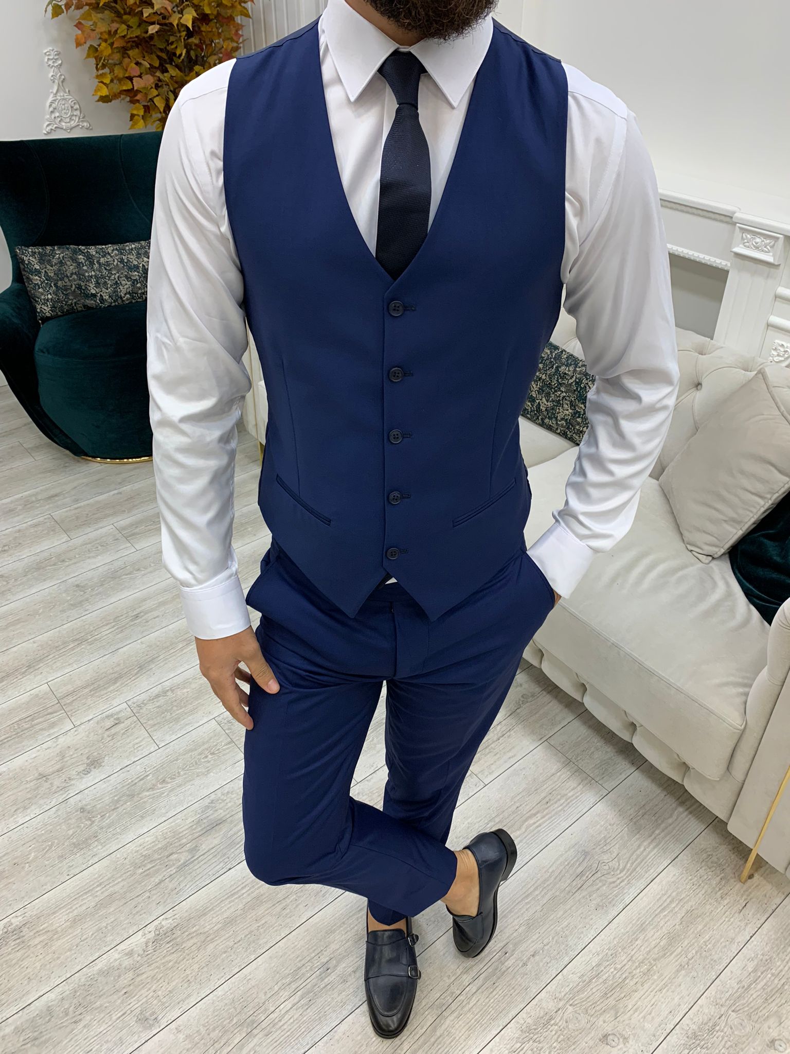 Vince Navy Blue Slim Fit Peak Lapel Suit-baagr.myshopify.com-1-BOJONI