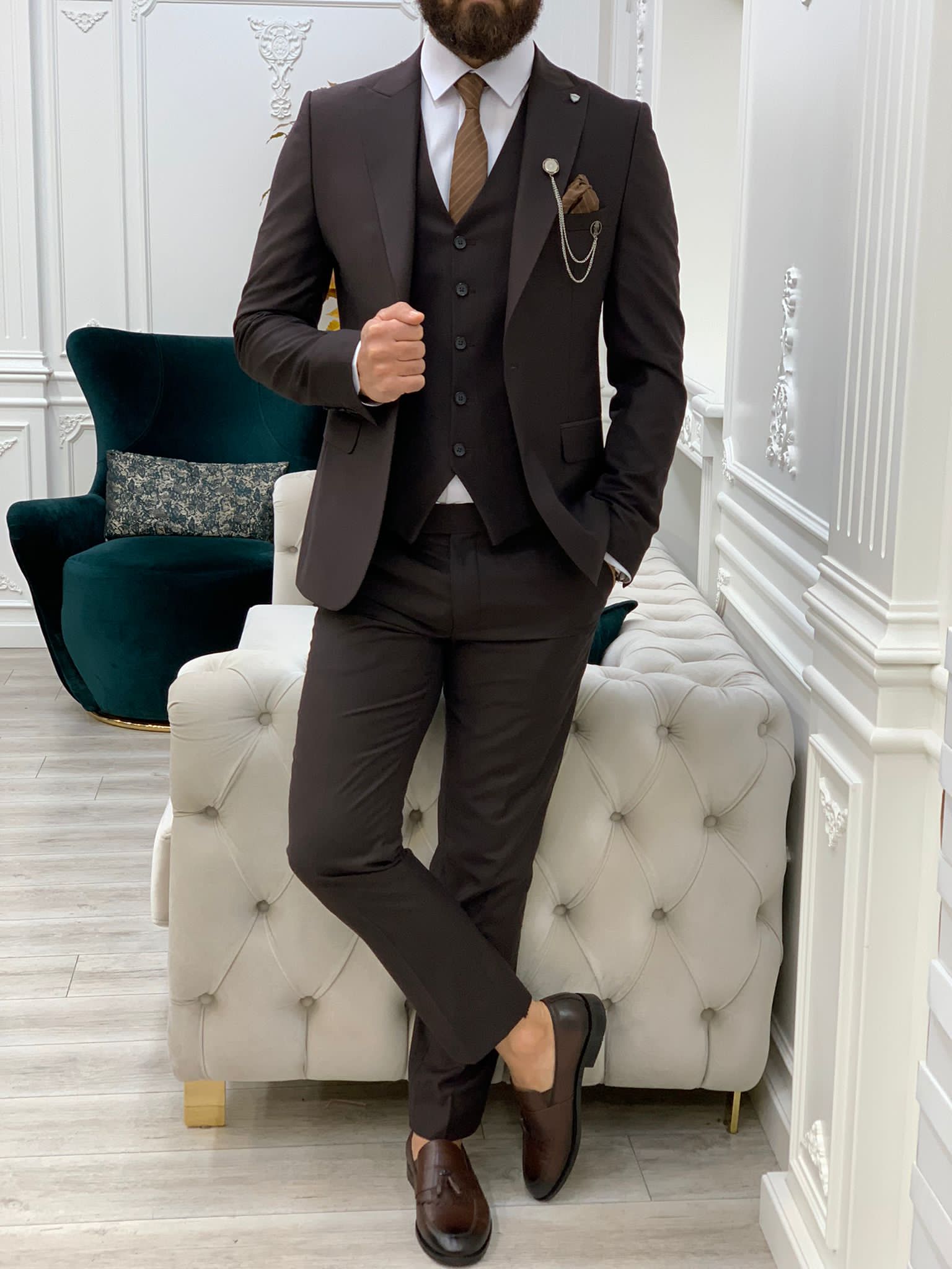 Vince Coffee Slim Fit Peak Lapel Suit-baagr.myshopify.com-1-BOJONI