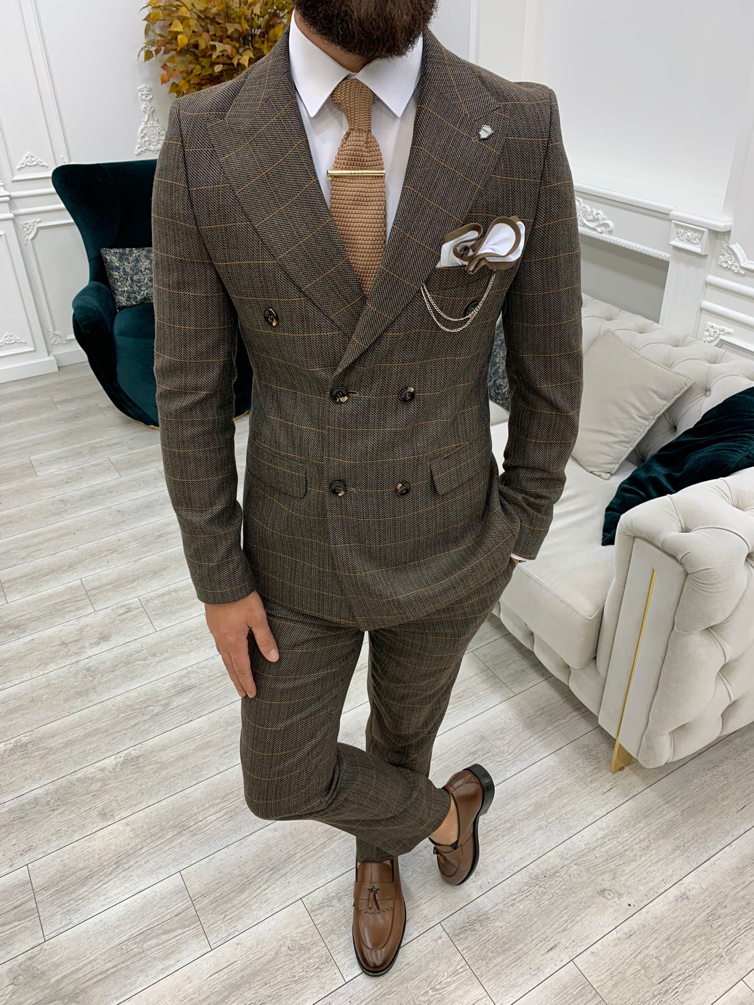 Rosario Brown Slim Fit Double Breasted Plaid Suit-baagr.myshopify.com-1-BOJONI