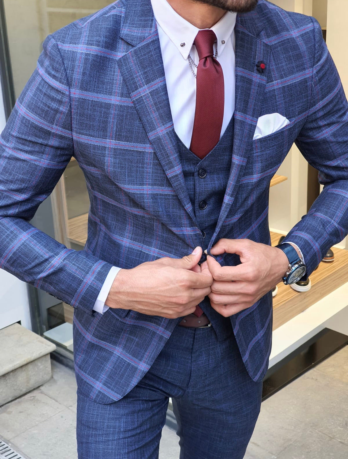 New Bern Indigo Slim Fit Check Plaid Suit-baagr.myshopify.com-suit-BOJONI