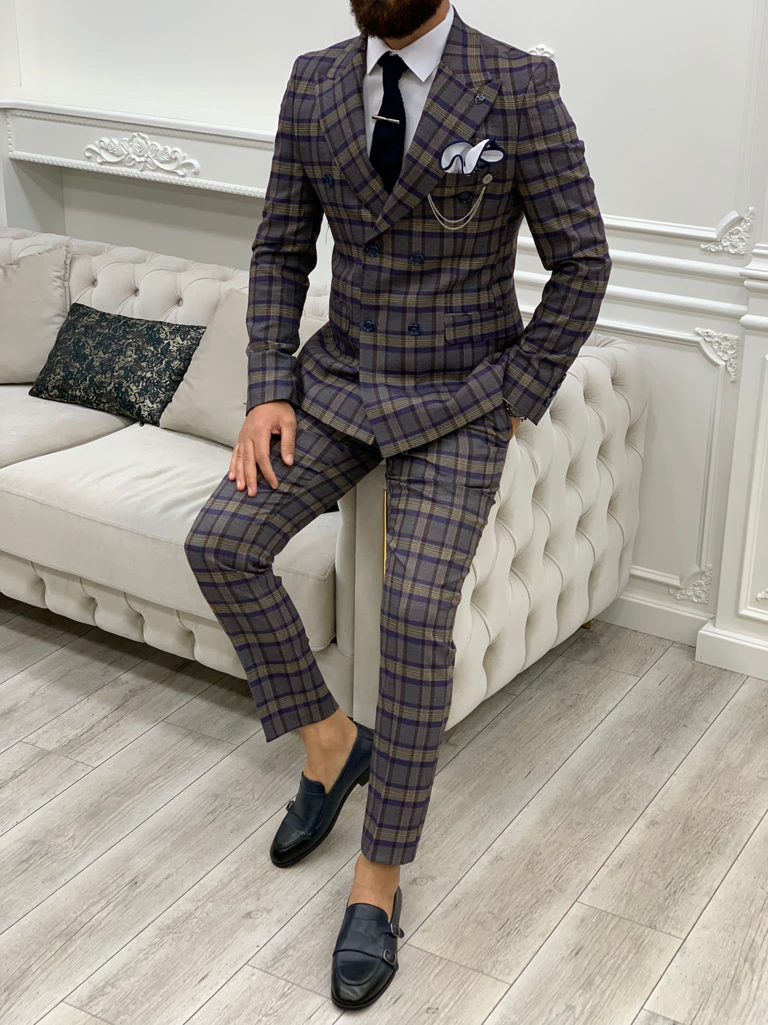 Vince Purple Slim Fit Double Breasted Plaid Suit-baagr.myshopify.com-1-BOJONI