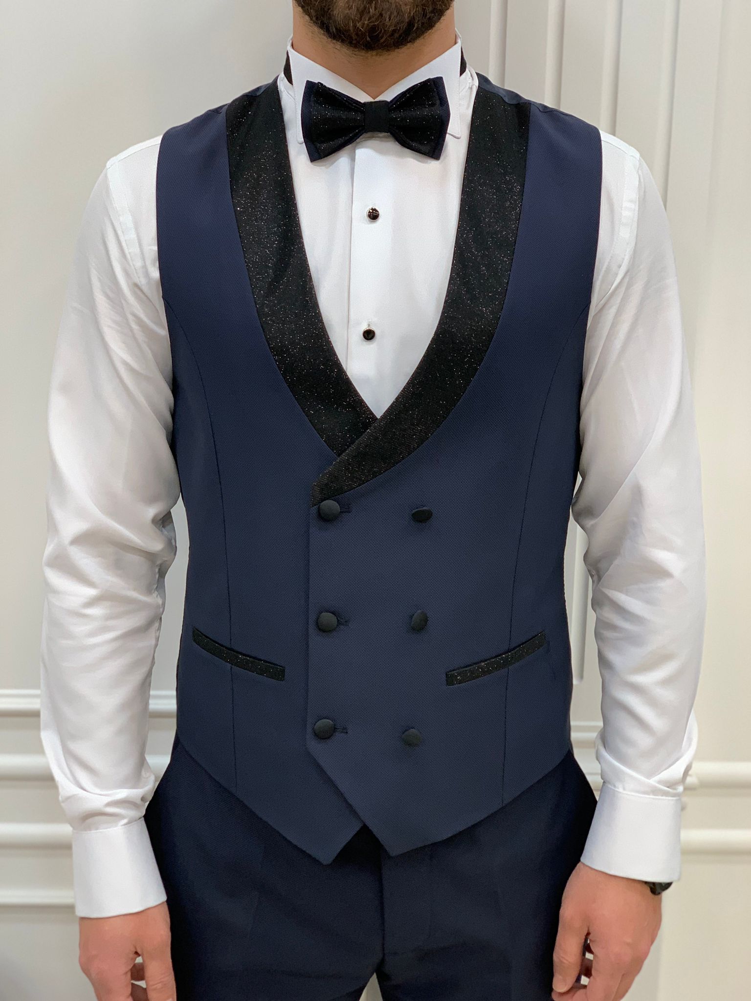 Bojoni Tishko Navy Diamond Shawl Collar Slim Fit Tuxedo