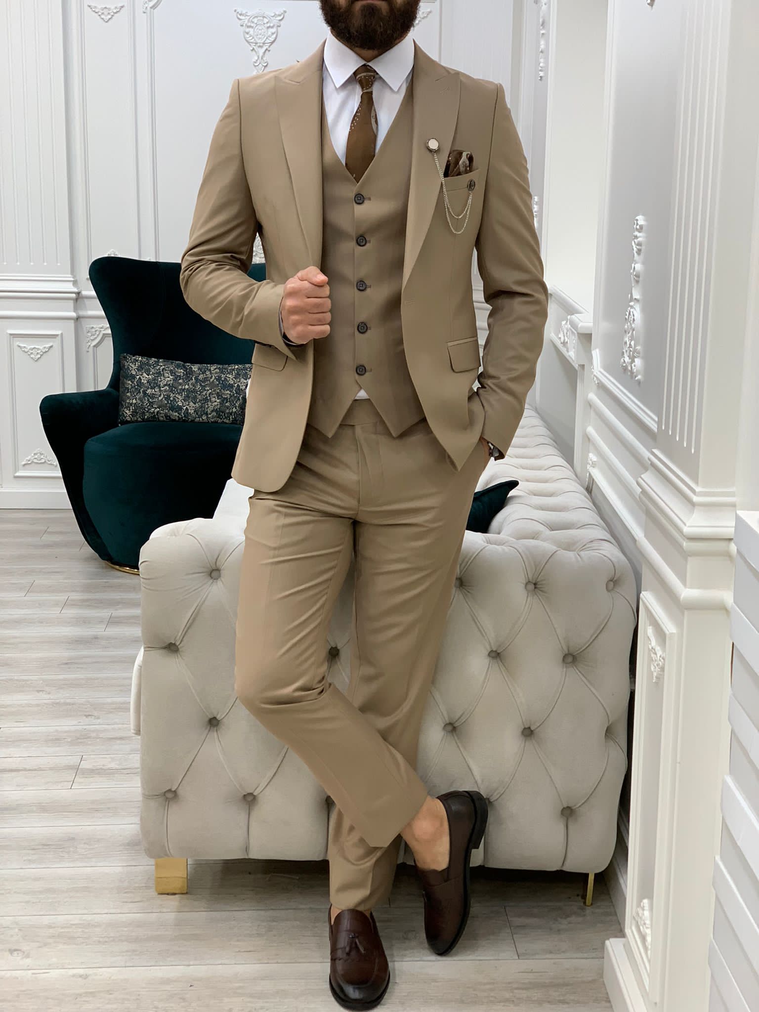 Vince Cream Slim Fit Peak Lapel Suit-baagr.myshopify.com-1-BOJONI