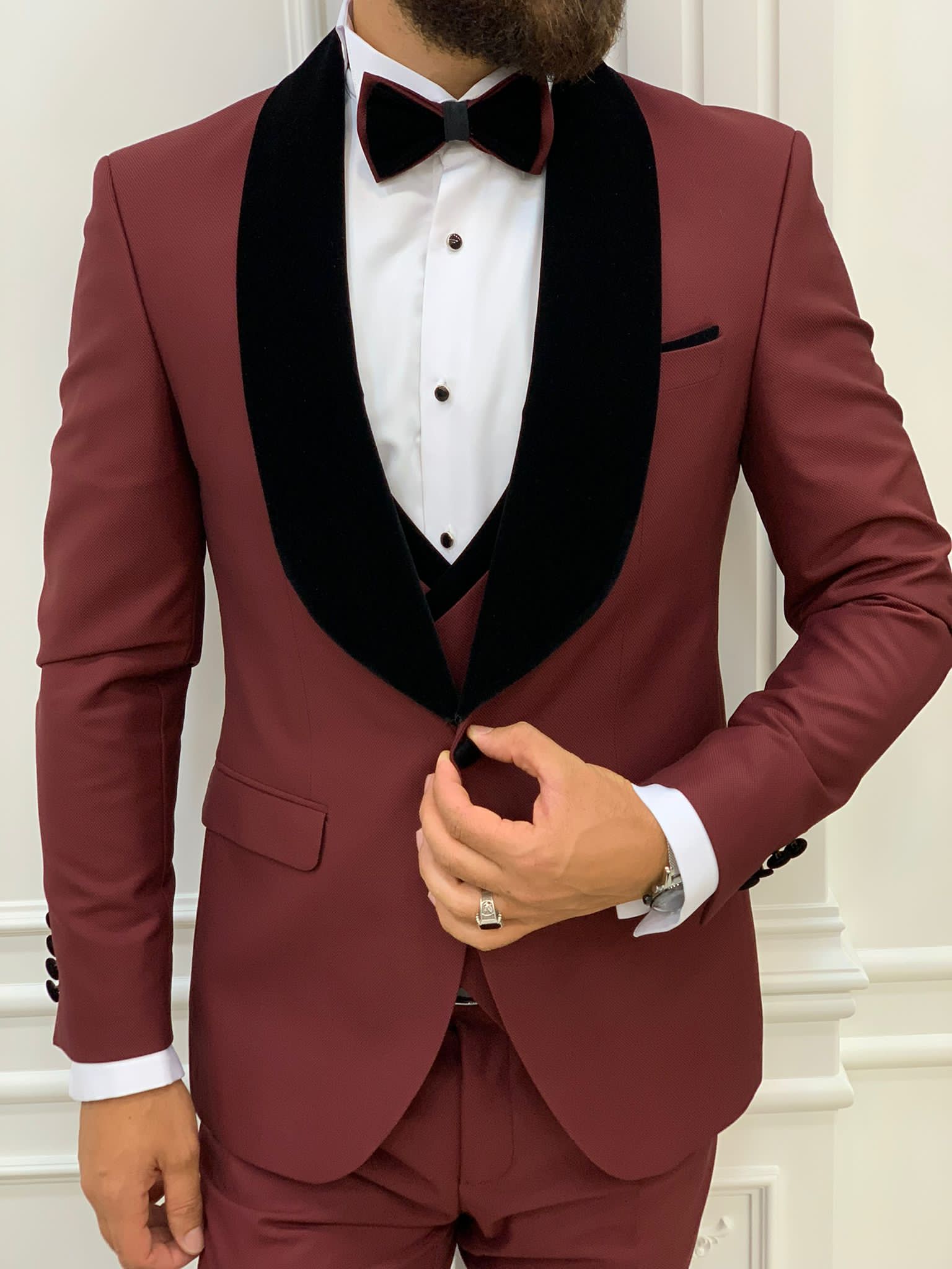 Fettachi Burgundy Slim Fit  Velvet Shawl Lapel Tuxedo-baagr.myshopify.com-1-BOJONI