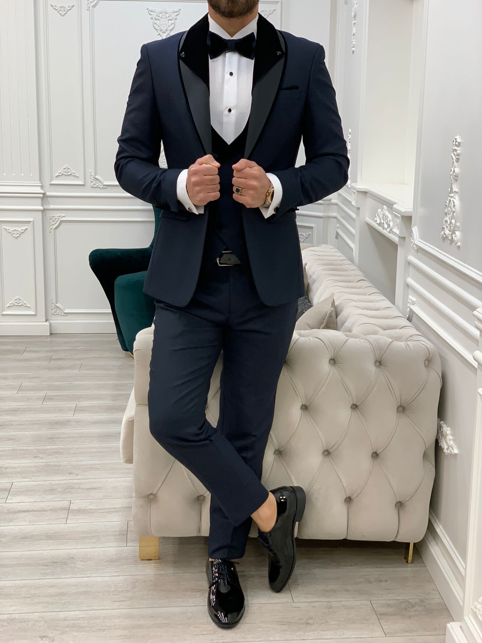 Bojoni Valencia Navy Blue Shawl Velvet Collar Slim Fit Tuxedo