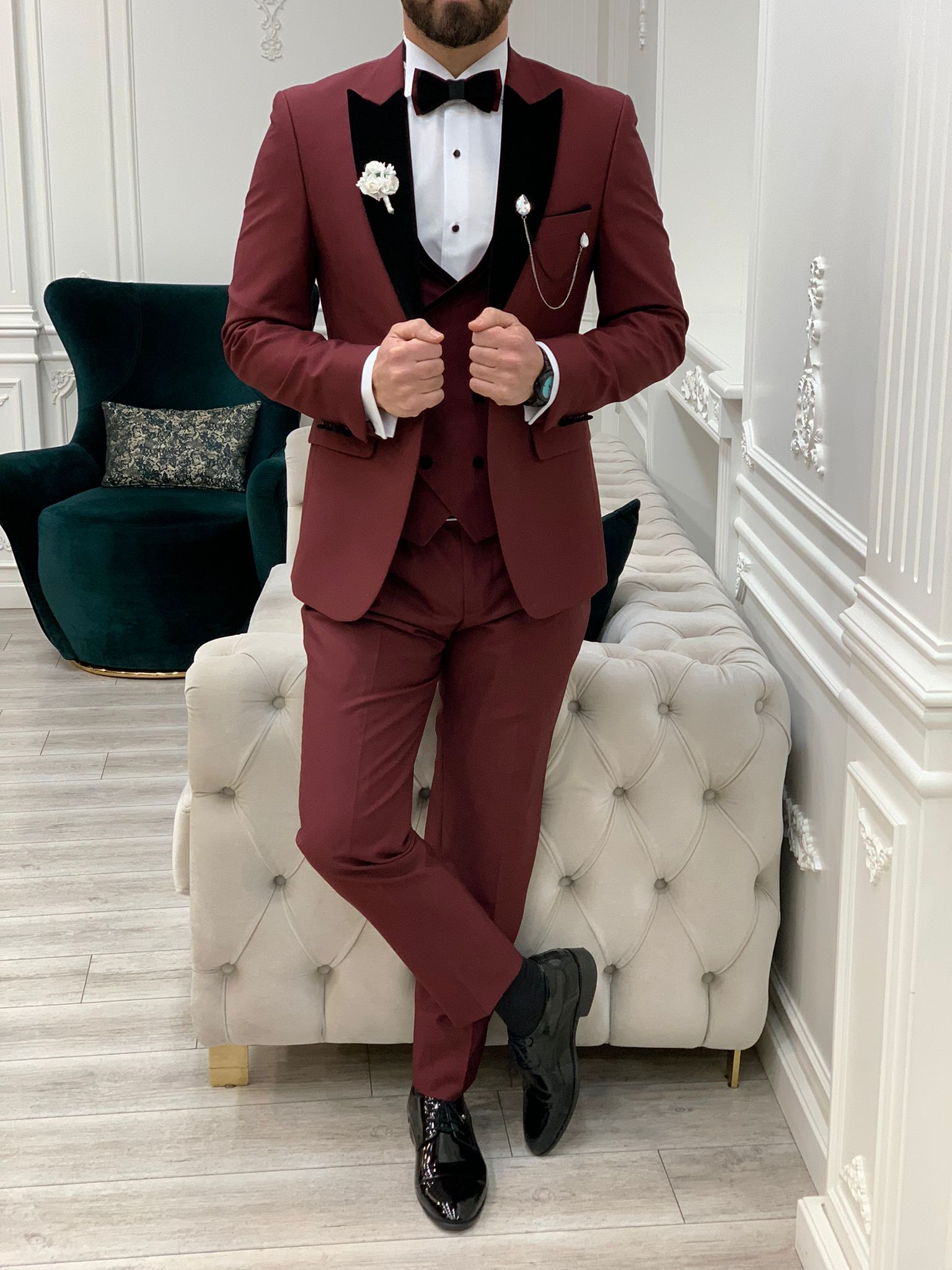 Bojoni Tishko Burgundy Velvet  Slim Fit Tuxedo