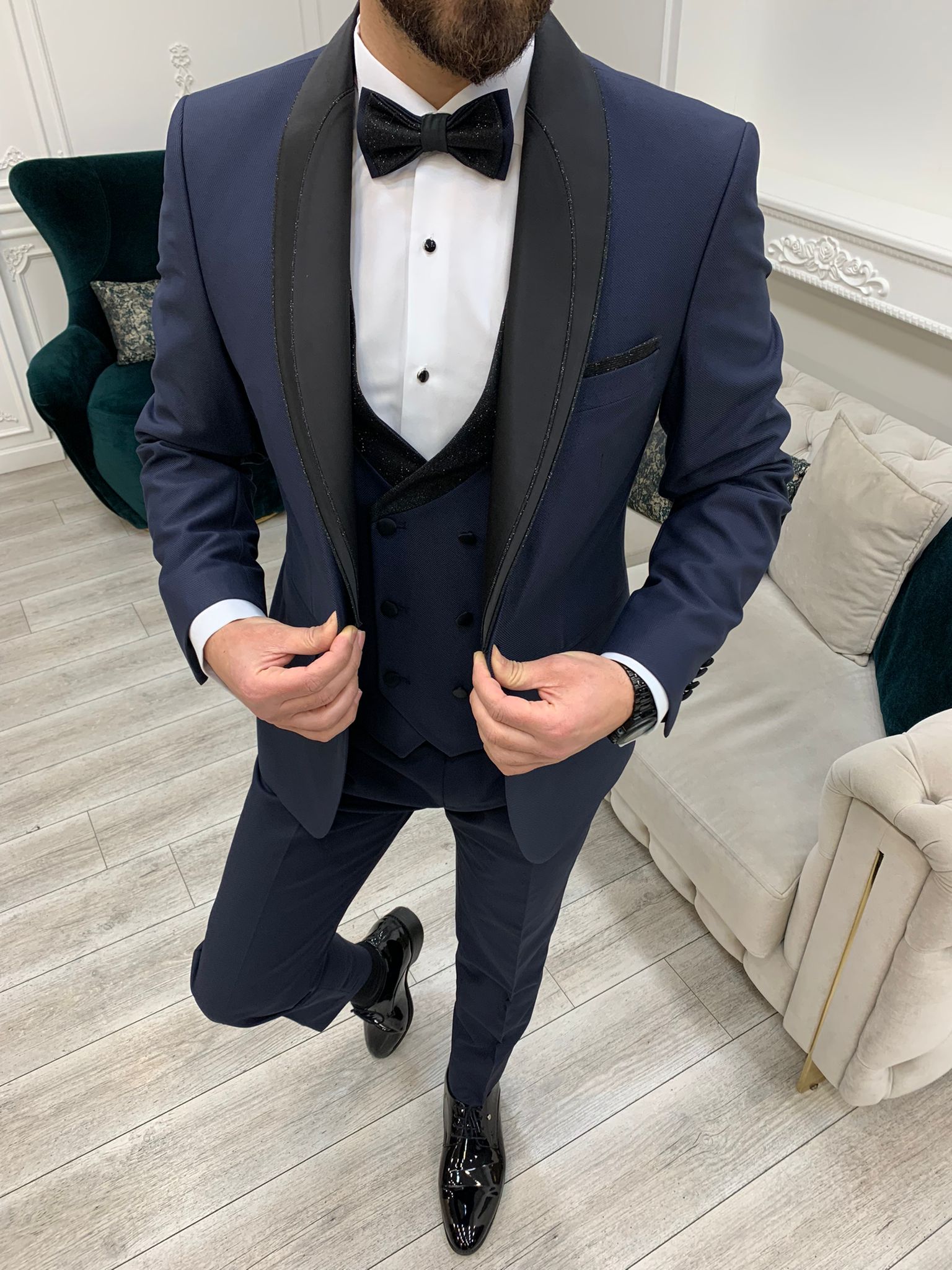 Bojoni Tishko Navy Diamond Shawl Collar Slim Fit Tuxedo