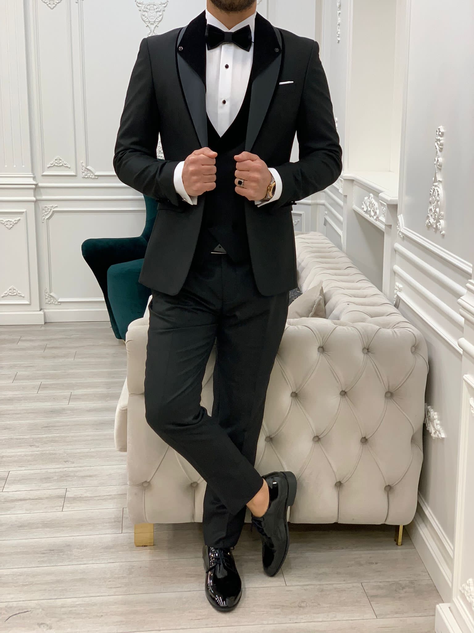 Bojoni Valencia Black Shawl Velvet Collar Slim Fit Tuxedo