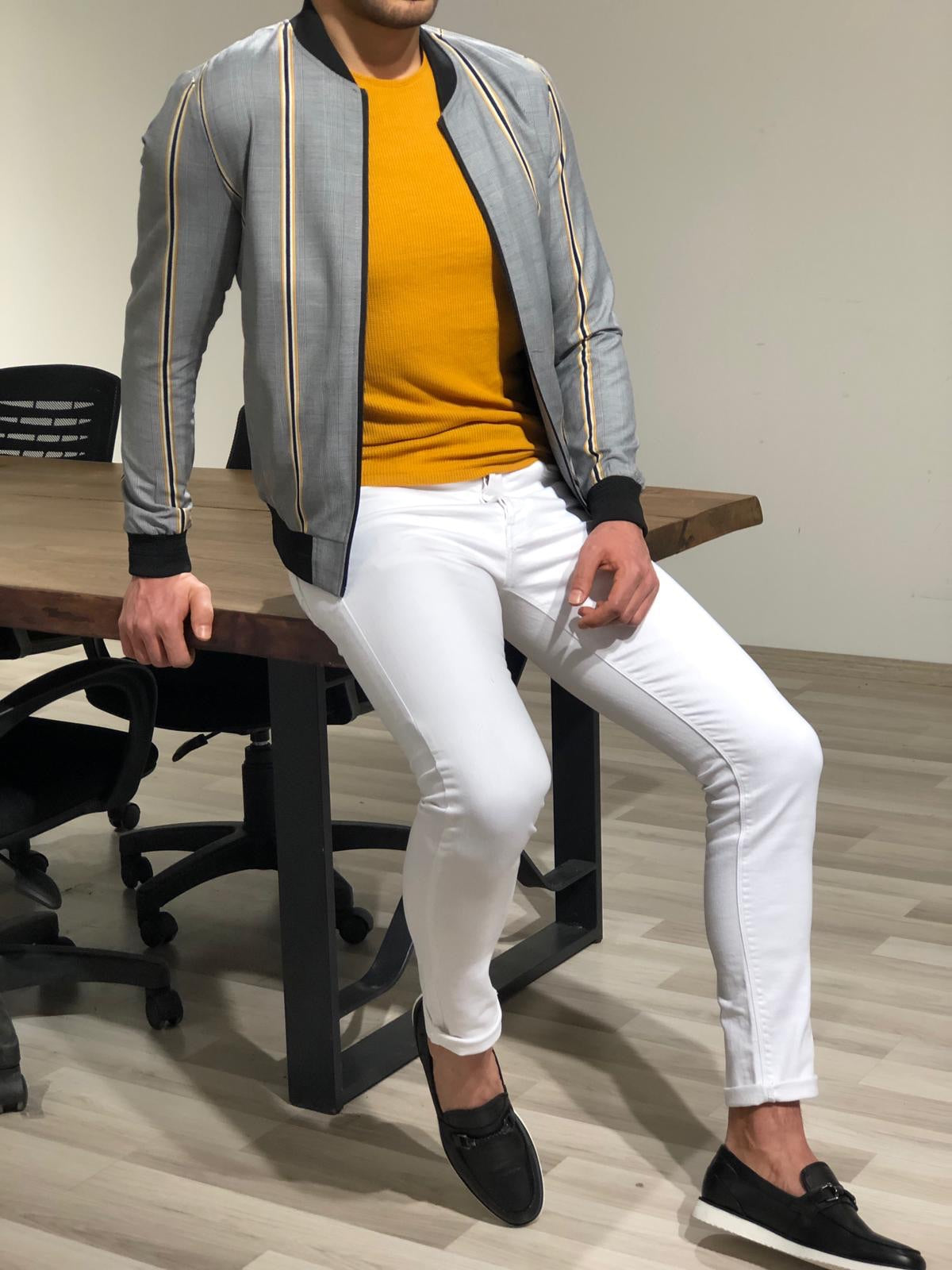 Faha Slim-Fit Colored Striped Jacket in Yellow-baagr.myshopify.com-Jacket-BOJONI