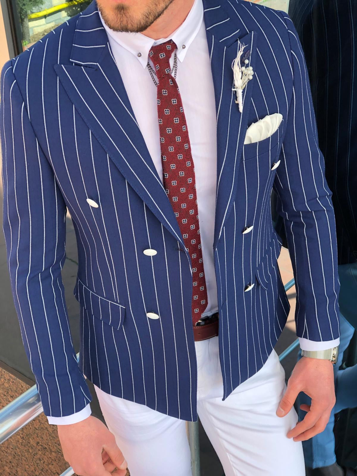 Stenos Slim-Fit Double Breasted Blazer in Blue-baagr.myshopify.com-suit-BOJONI