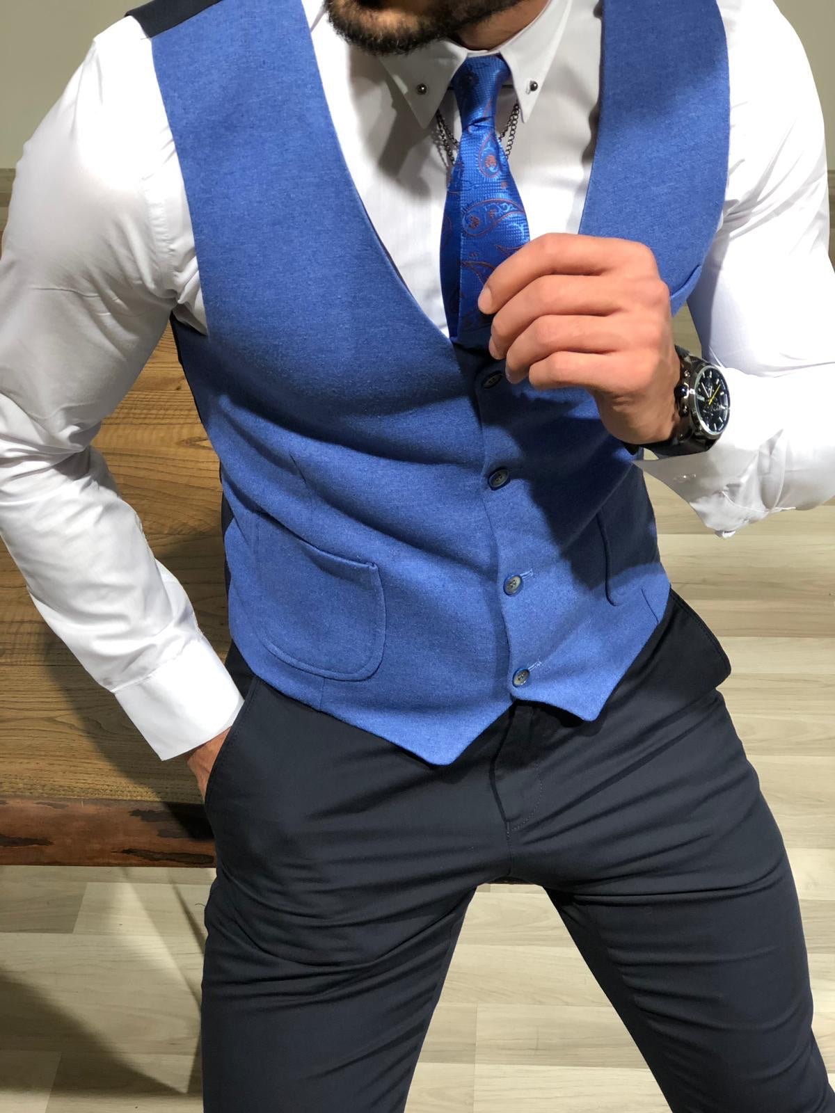 Slim-Fit Double  Breasted Vest Blue-baagr.myshopify.com-suit-BOJONI