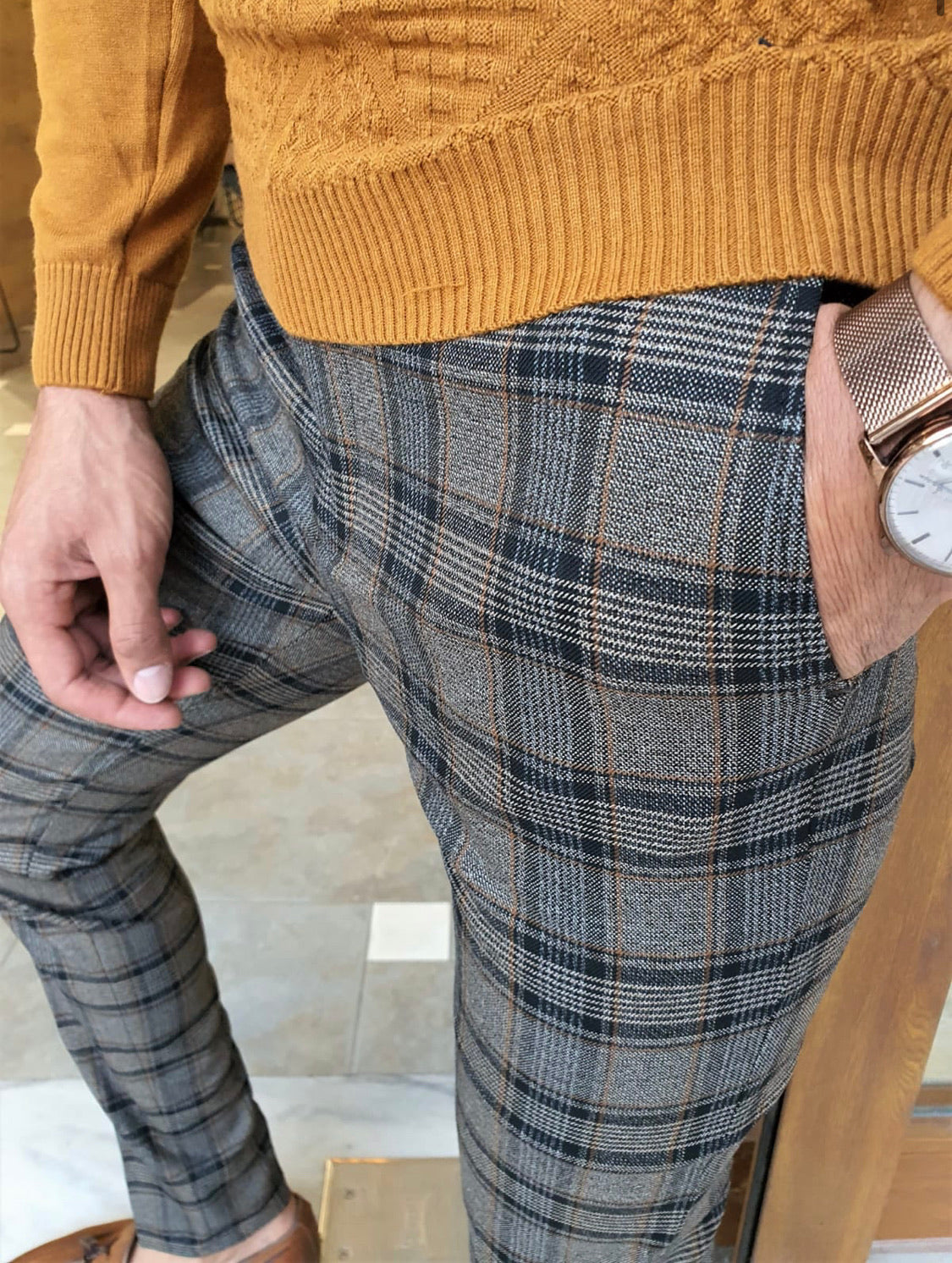 Garuzo Camel Slim Fit Plaid Pants-baagr.myshopify.com-Pants-BOJONI
