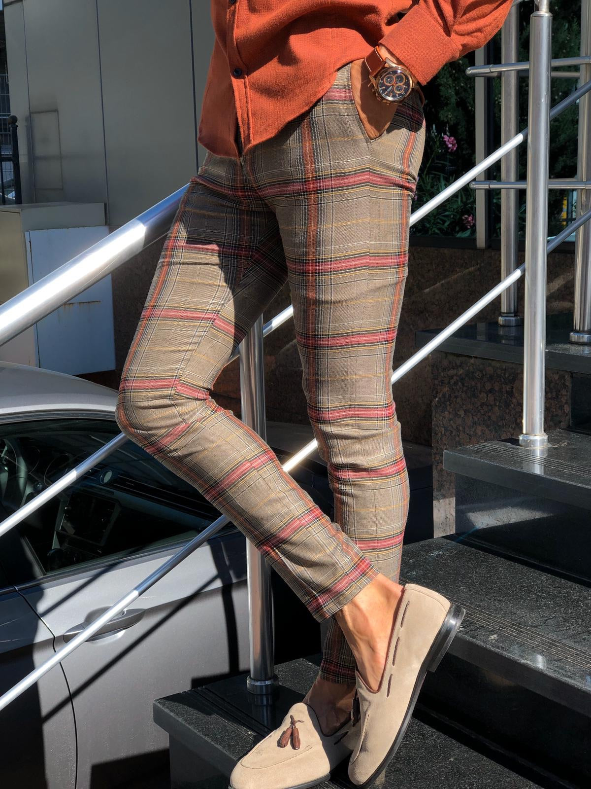 Petic Slim-Fit Plaid Pants Beige-baagr.myshopify.com-Pants-BOJONI