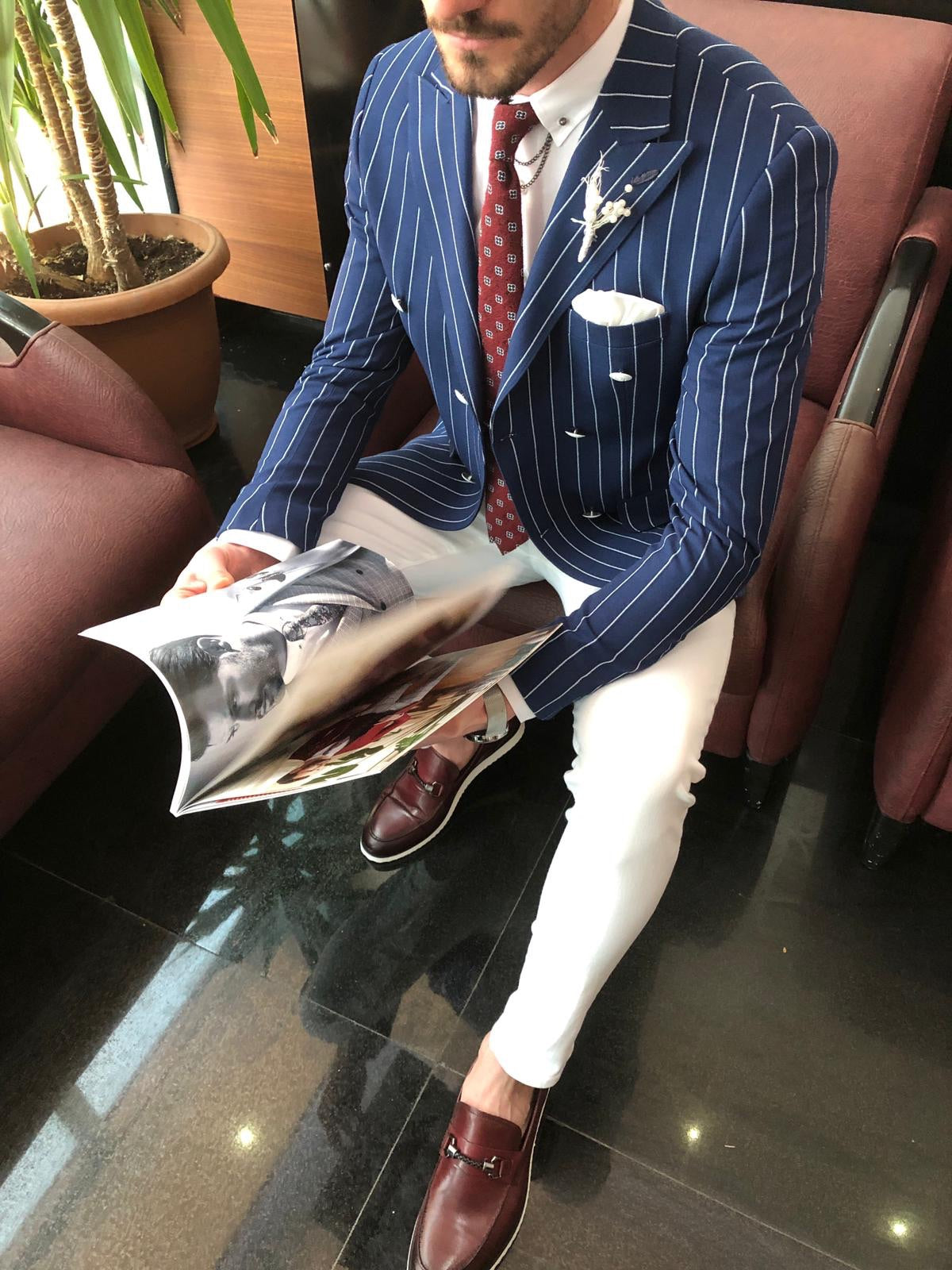 Stenos Slim-Fit Double Breasted Blazer in Blue-baagr.myshopify.com-suit-BOJONI