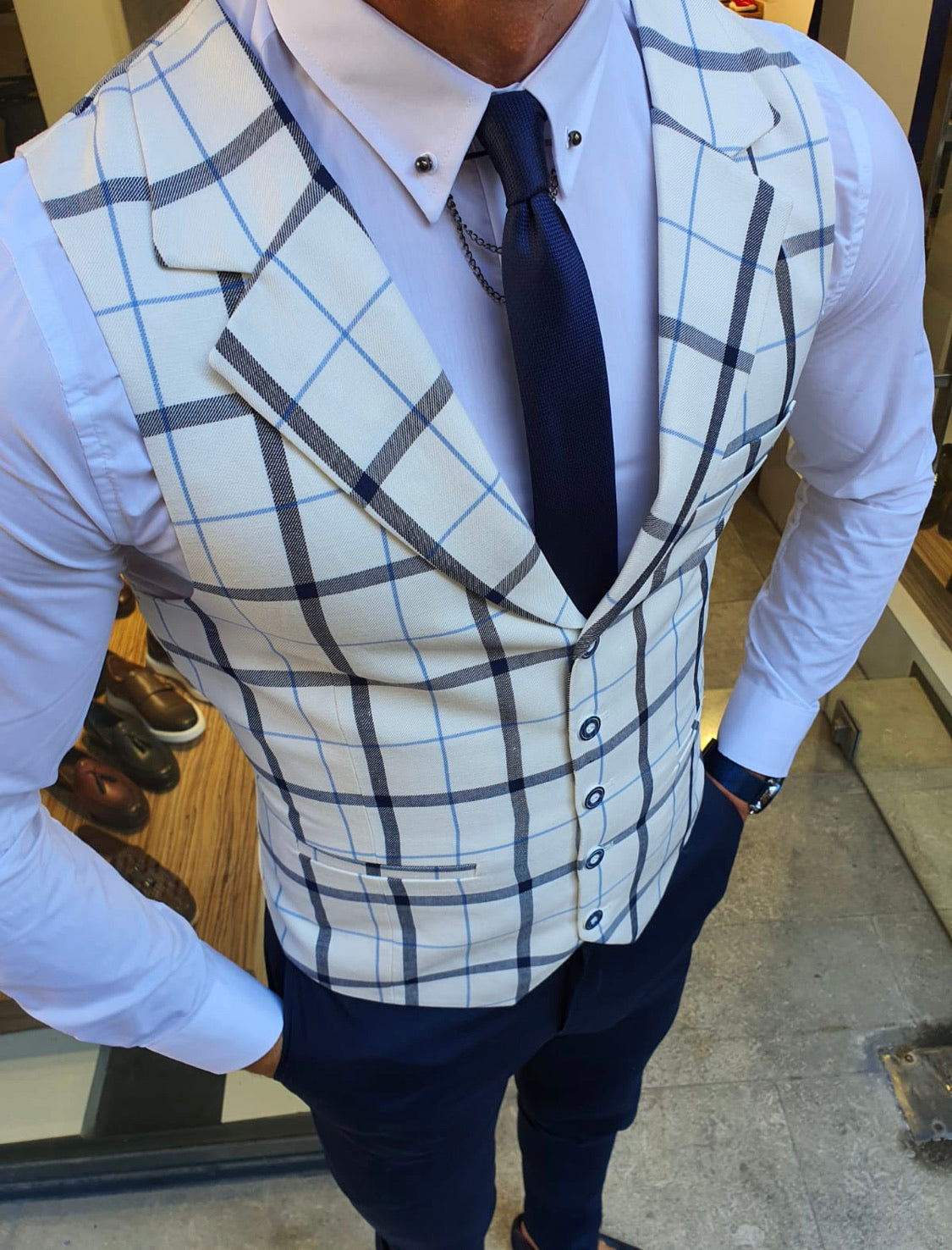 Malacan White Slim Fit Plaid Vest-baagr.myshopify.com-suit-BOJONI