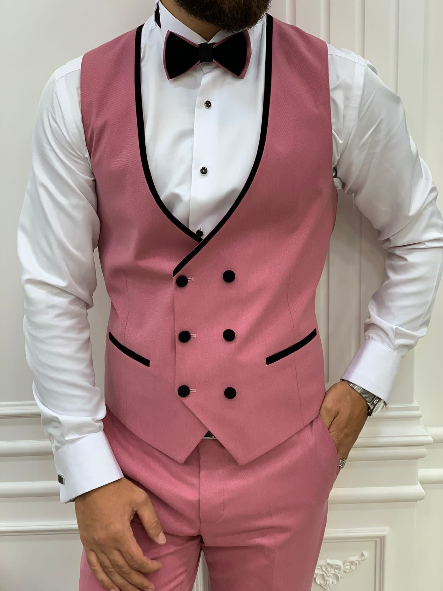 Fettachi Pink Slim Fit Velvet Peak Lapel Tuxedo-baagr.myshopify.com-1-BOJONI
