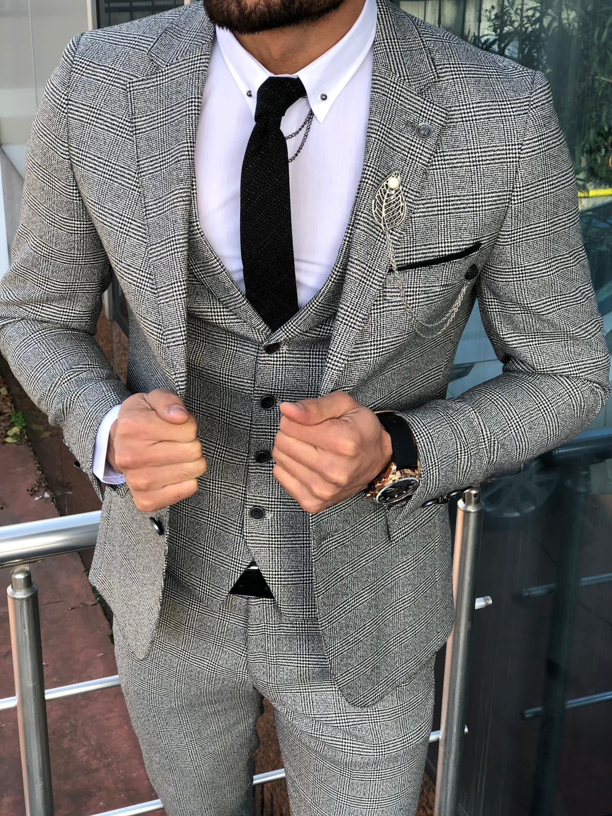 Slim-Fit Plaid Suit Vest Gray-baagr.myshopify.com-suit-BOJONI