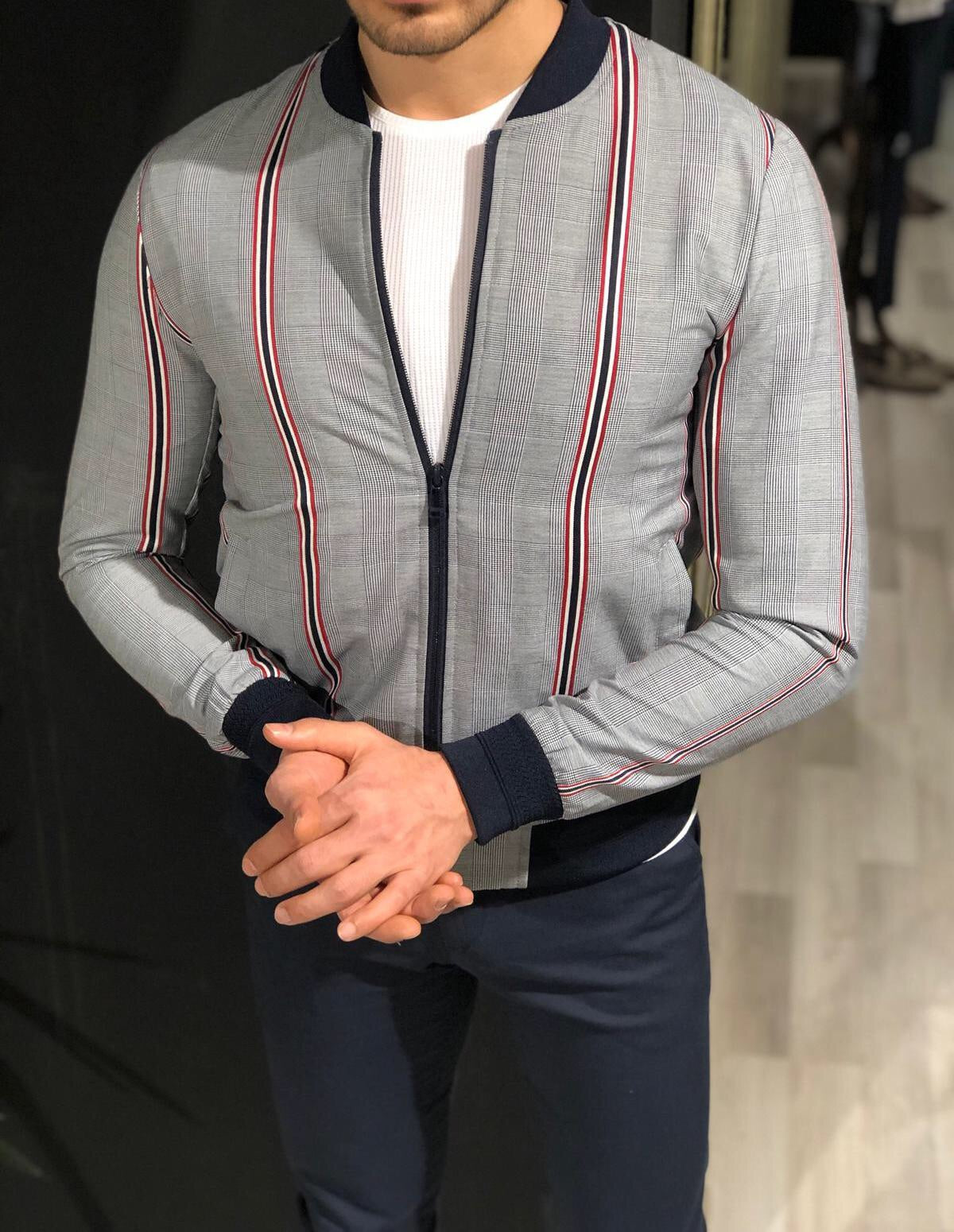 Faha Slim-Fit Colored Striped Jacket in Red-baagr.myshopify.com-Jacket-BOJONI