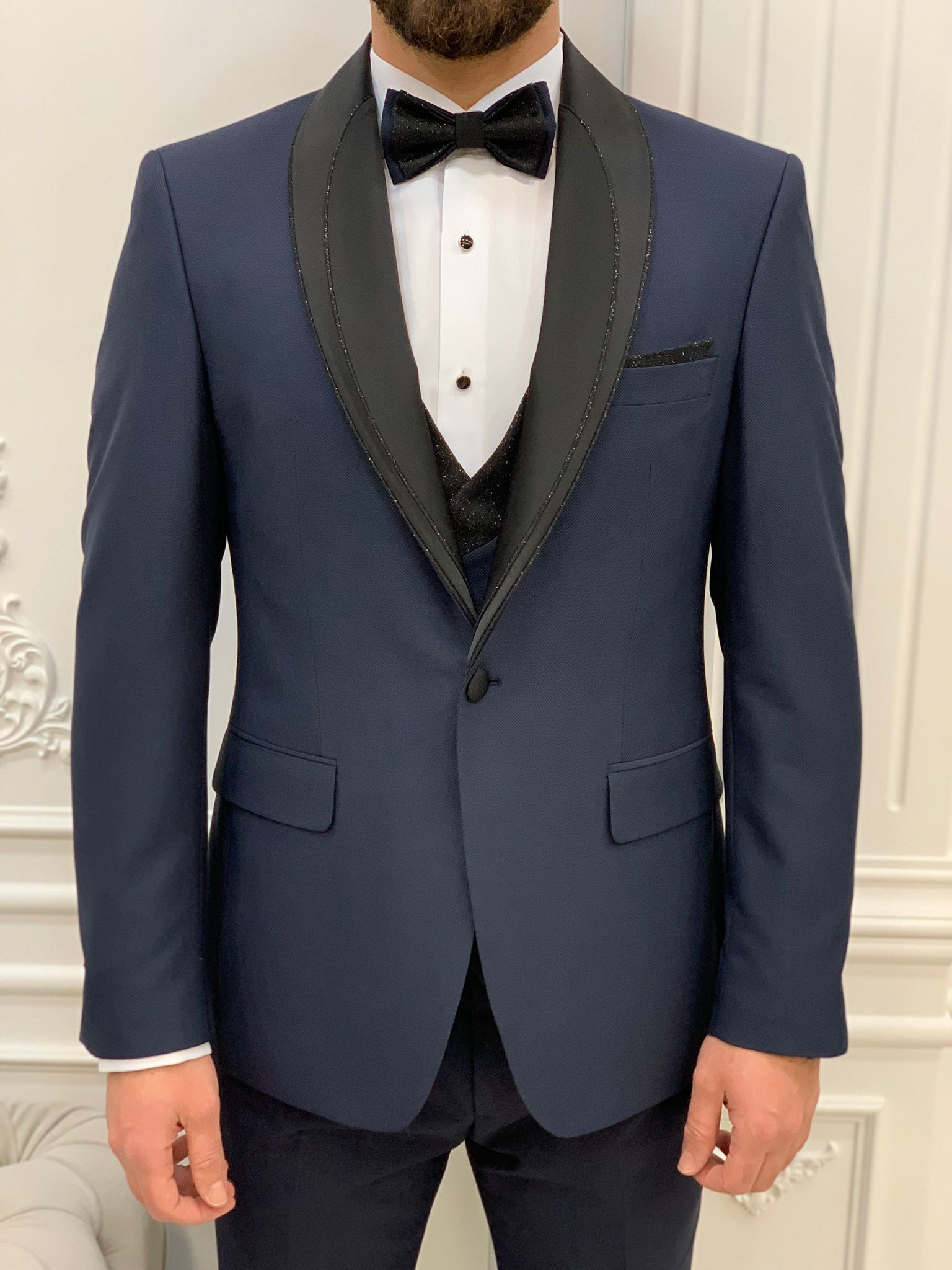 Bojoni Tishko Navy Diamond Shawl Collar Slim Fit Tuxedo