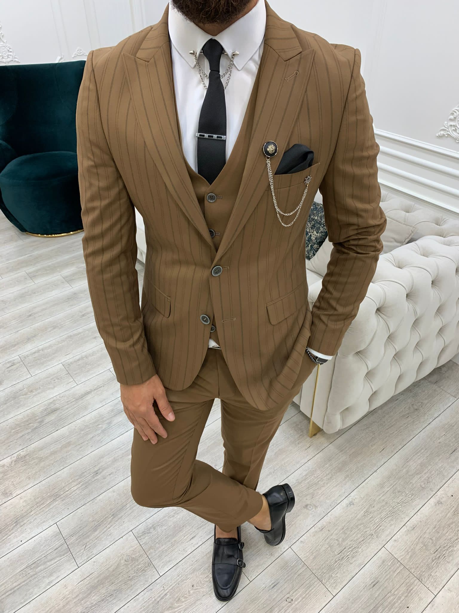 Lambrusco Brown Slim Fit Peak Lapel Striped Suit-baagr.myshopify.com-1-BOJONI