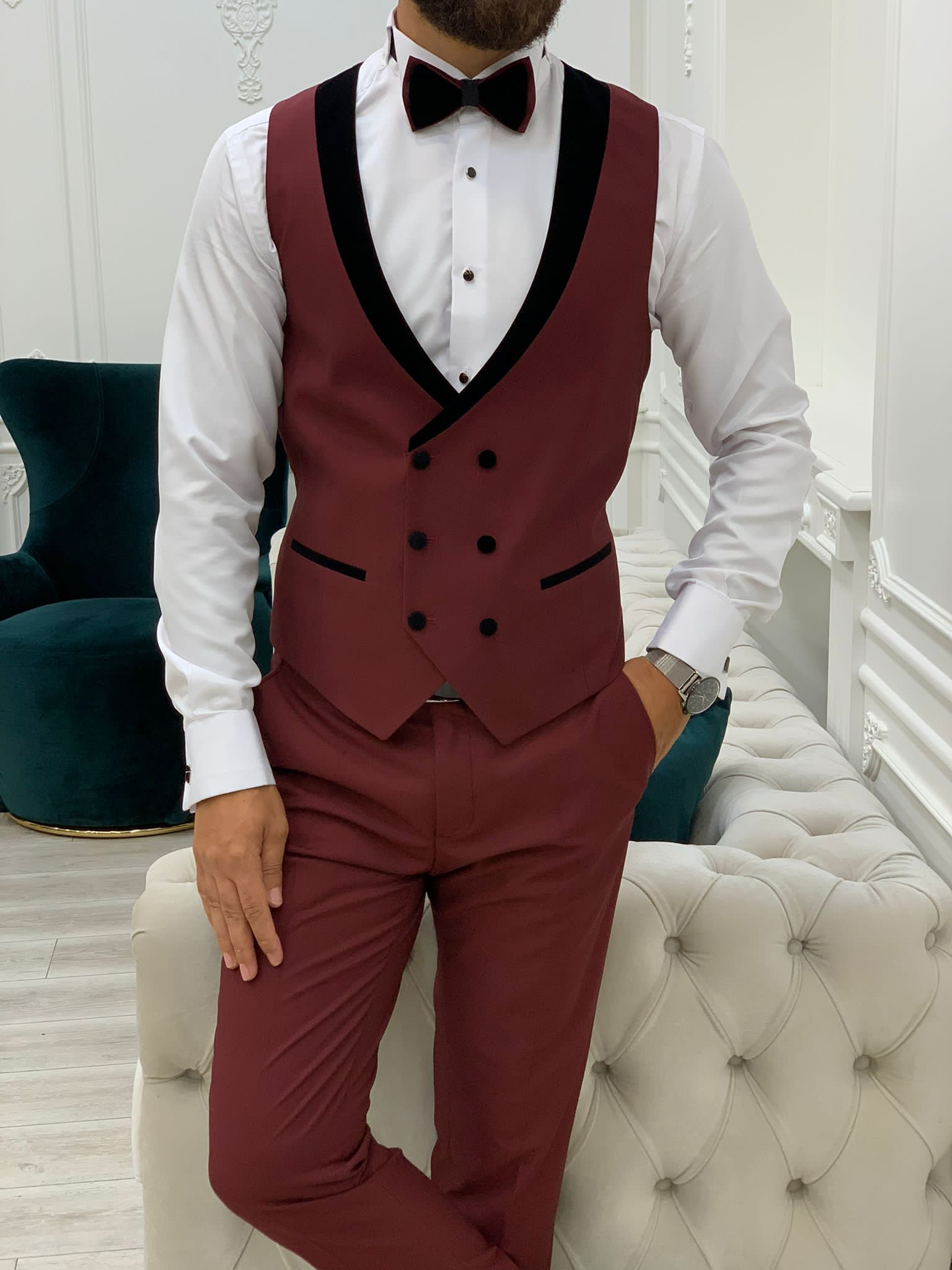 Fettachi Burgundy Slim Fit  Velvet Shawl Lapel Tuxedo-baagr.myshopify.com-1-BOJONI
