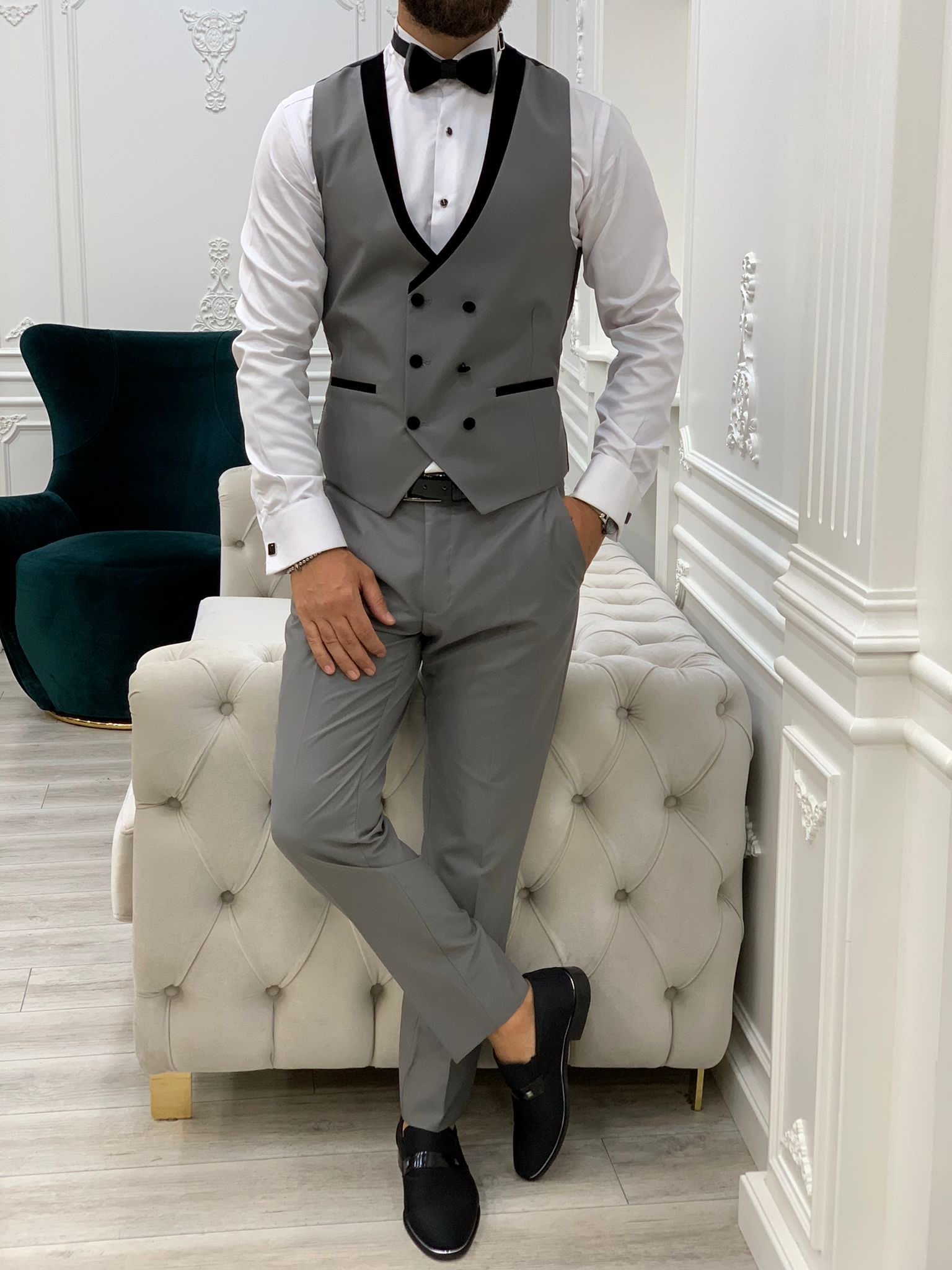 Rocca Gray Slim Fit Velvet Peak Lapel Tuxedo-baagr.myshopify.com-1-BOJONI
